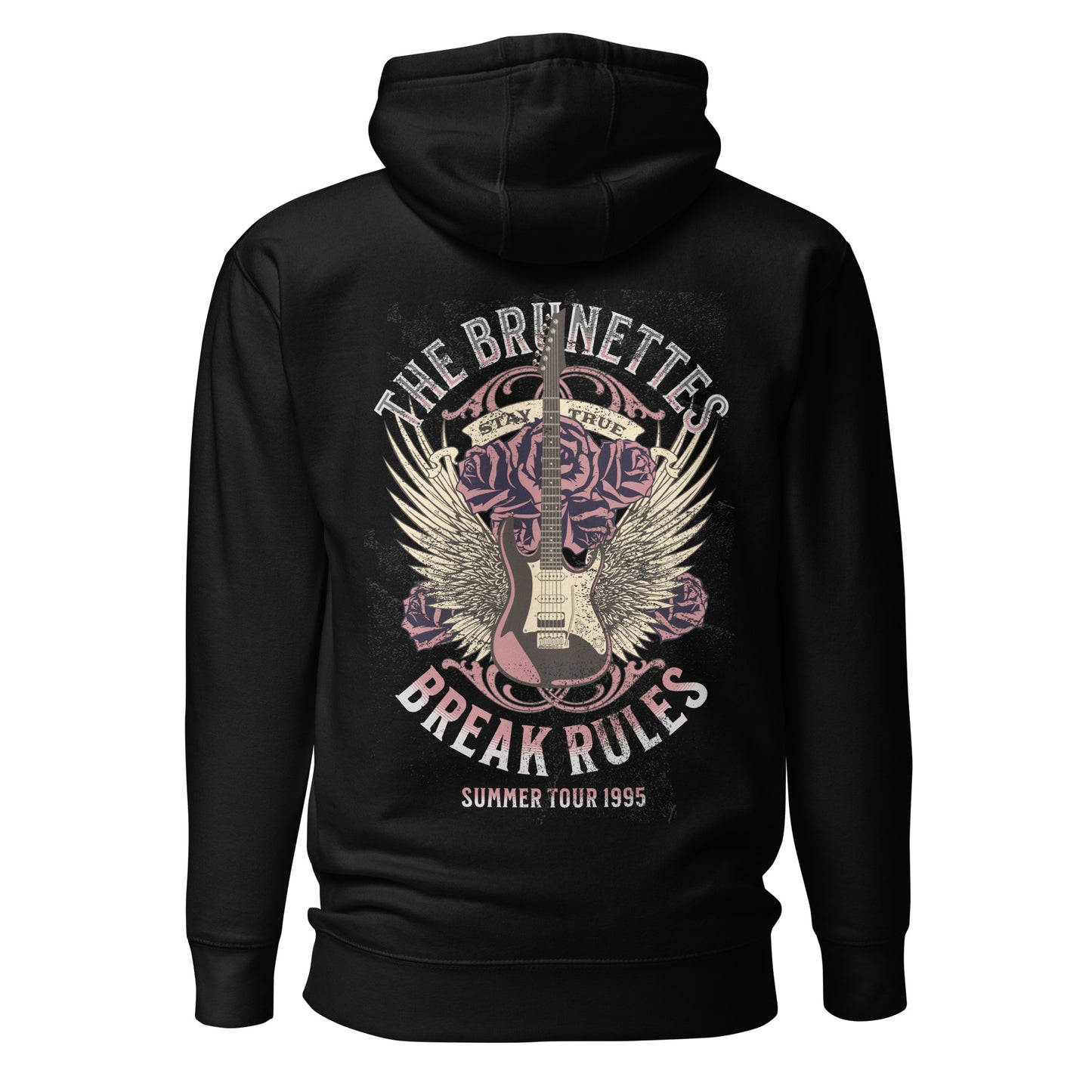 The reverse side of a black 3 panel unisex classic hoodie with a burnt pink & beige graphic of a guitar with bird wings emerging from the side. The graphic features ‘THE BRUNETTES’ in Brookfield font above the guitar, ‘STAY TRUE’ across the top, and ‘BREAK RULES - Summer Tour 1995’ underneath. Branded RedBlonde London in inside neck and embroidered RedBlonde on front top right breast area.