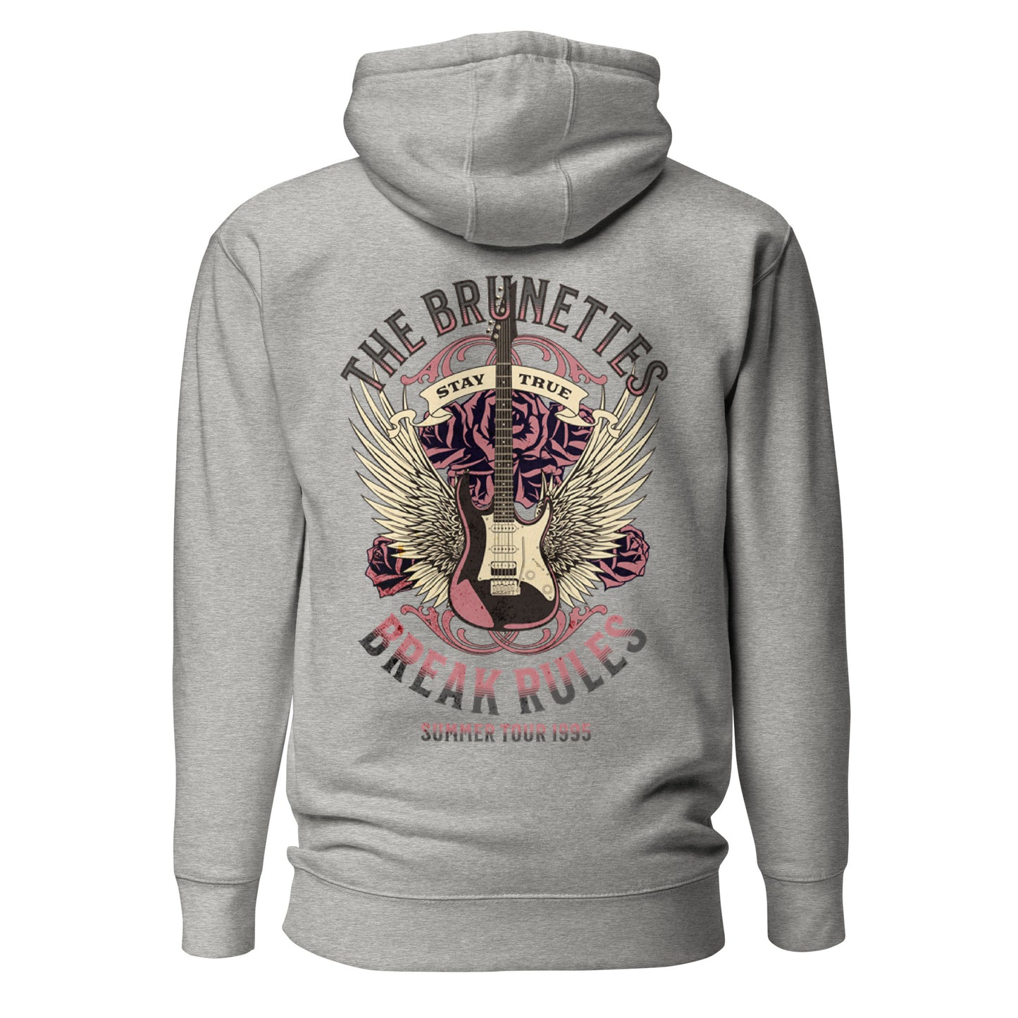 The reverse side of a grey 3 panel unisex classic hoodie with a burnt pink & beige graphic of a guitar with bird wings emerging from the side. The graphic features ‘THE BRUNETTES’ in Brookfield font above the guitar, ‘STAY TRUE’ across the top, and ‘BREAK RULES’ underneath. Branded RedBlonde London in inside neck and embroidered RedBlonde on front top right breast area.