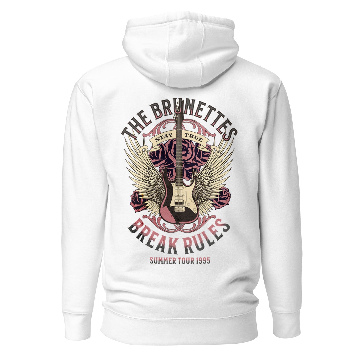 The reverse side of a white 3 panel unisex classic hoodie with a burnt pink & beige graphic of a guitar with bird wings emerging from the side. The graphic features ‘THE BRUNETTES’ in Brookfield font above the guitar, ‘STAY TRUE’ across the top, and ‘BREAK RULES - Summer Tour 1995’ underneath. Branded RedBlonde London in inside neck and embroidered RedBlonde on front top right breast area.