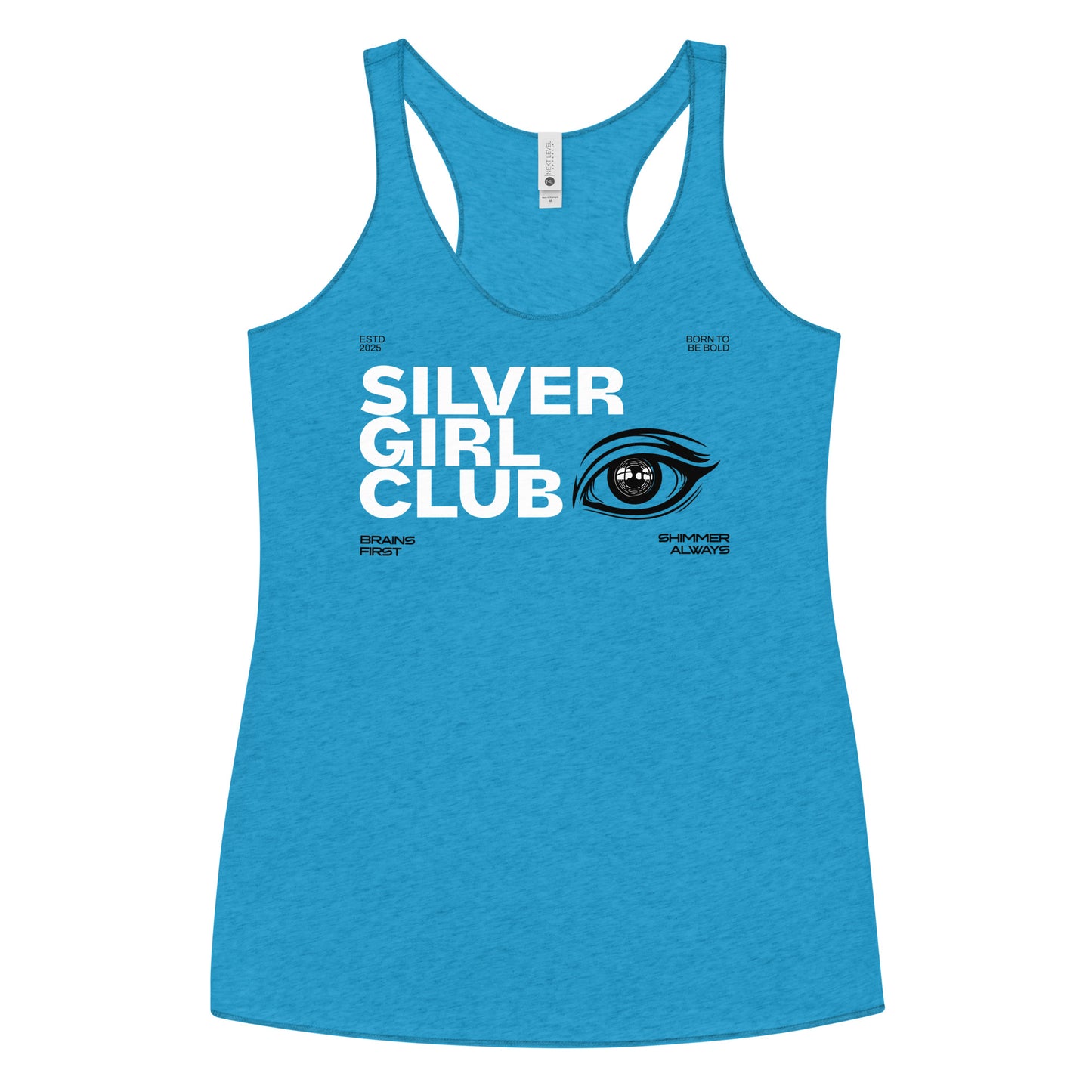 royal blue women’s racerback tank top featuring the text “SILVER GIRL CLUB” in bold pink DT Getai Grotesh text across the chest, paired with a stylized black eye graphic. Smaller black text reads “Brains First,” “Shimmer Always,” “ESTD 2025,” and “Born to be Bold.”