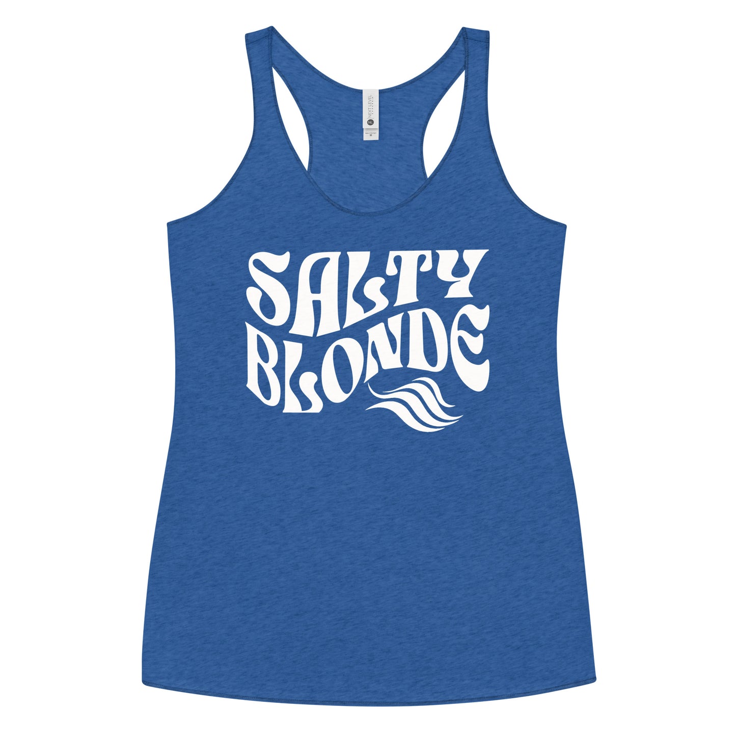 Flatlay of a royal blue soft racerback tank t-shirt with 'Salty Blonde' play on words slogan in white retro 70s font. Branded RedBlonde on reverse