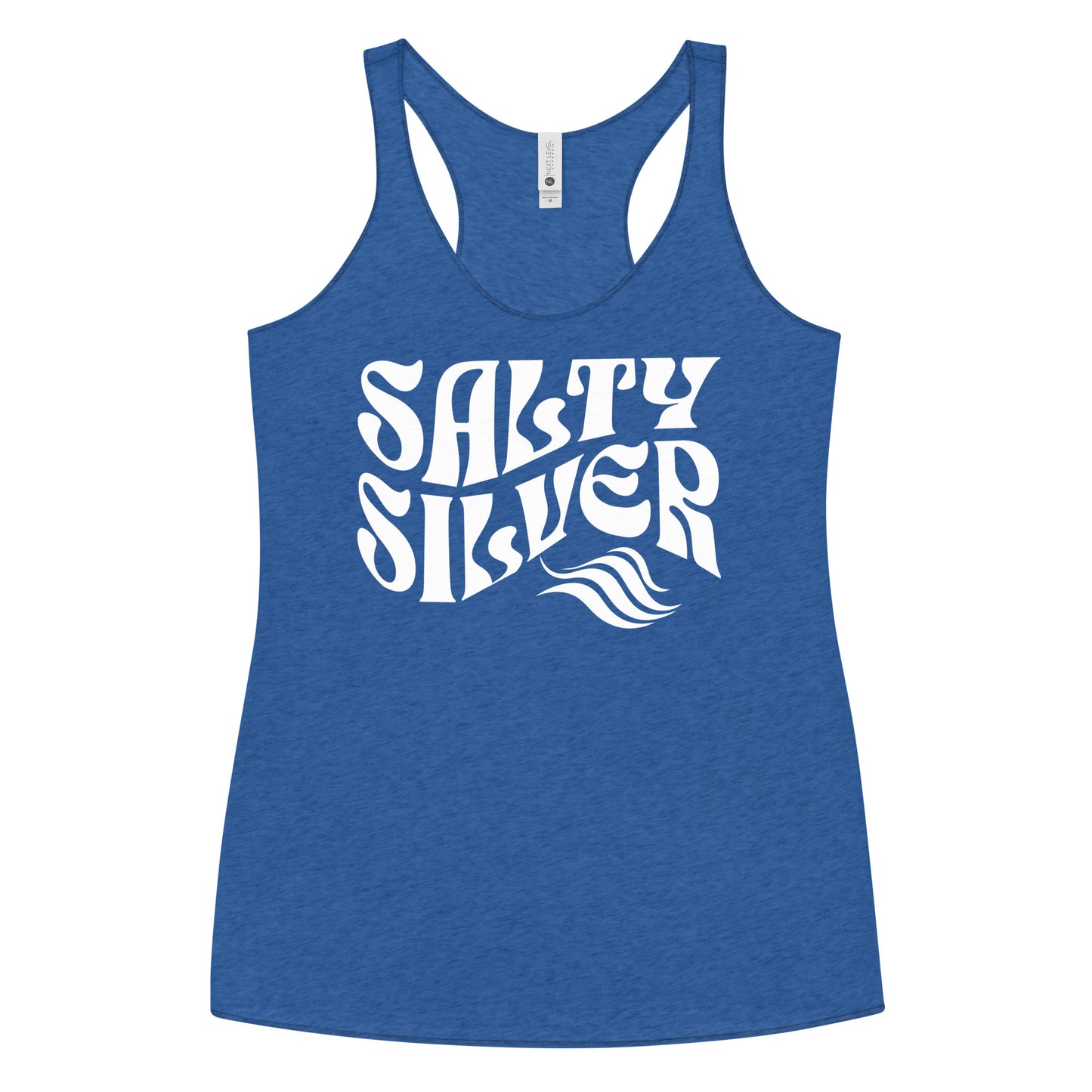Flatlay of a royal blue soft racerback tank t-shirt with 'Salty Silver' play on words slogan in white retro Solino Display wavy 70s font. Branded RedBlonde London on reverse