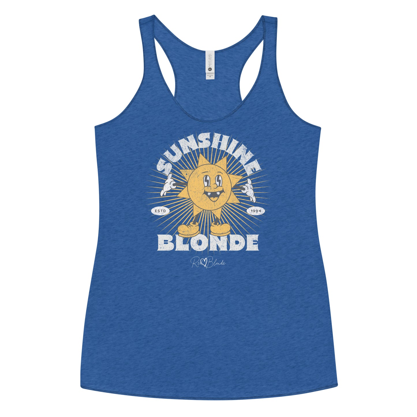 royal blue women’s racerback tank with a retro cartoon-style yellow sun character, smiling with open arms, surrounded by radiant sunbeams. The text reads ‘Sunshine Blonde’ in bold vintage Belzebuth lettering, with small details including ‘ESTD 1994’ and the RedBlonde signature logo beneath."