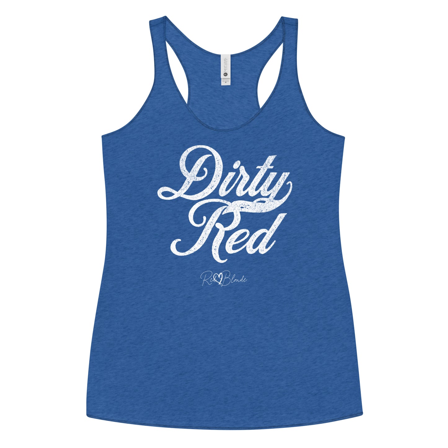 royal blue women's racerback tank with the playful slogan ‘Dirty Red’ in white milk-store font, signed off RedBlonde. Branded RedBlonde London in red on the reverse