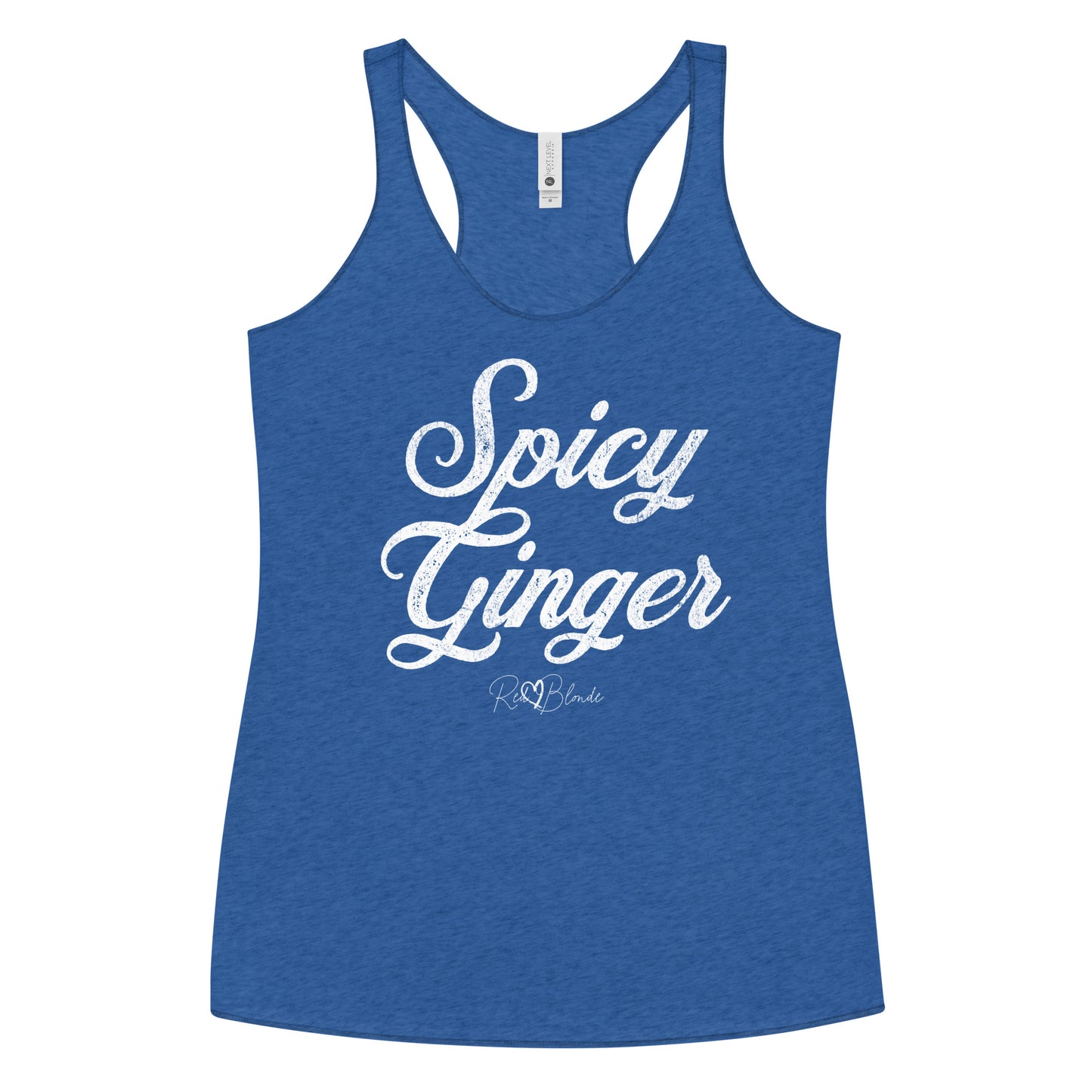 royal blue women's racerback tank with the playful slogan ‘Spicy Ginger’ in white milk-store font, signed off RedBlonde. Branded RedBlonde London in red on the reverse