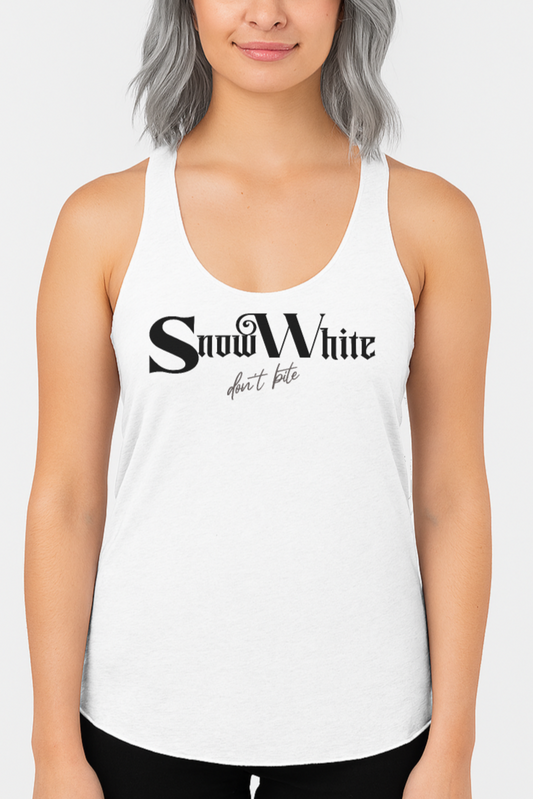 silver haired woman wears a White women’s racerback tank top featuring black Angel Rhapsody gothic-inspired font that reads “Snow White” and the phrase “don’t bite” written underneath in a cursive script.