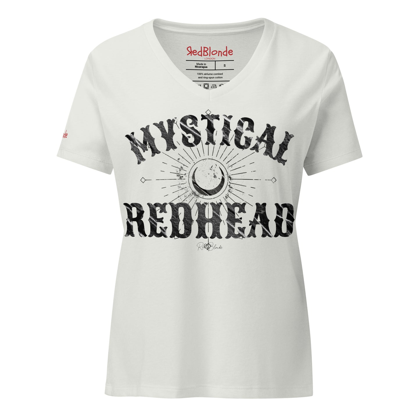 Women’s silver v-neck t-shirt with bold Sancreek vintage-style black lettering that reads ‘Mystical Redhead’ with a crescent moon and radiant sunburst graphic. Branded RedBlonde in red on inside neck and right sleeve