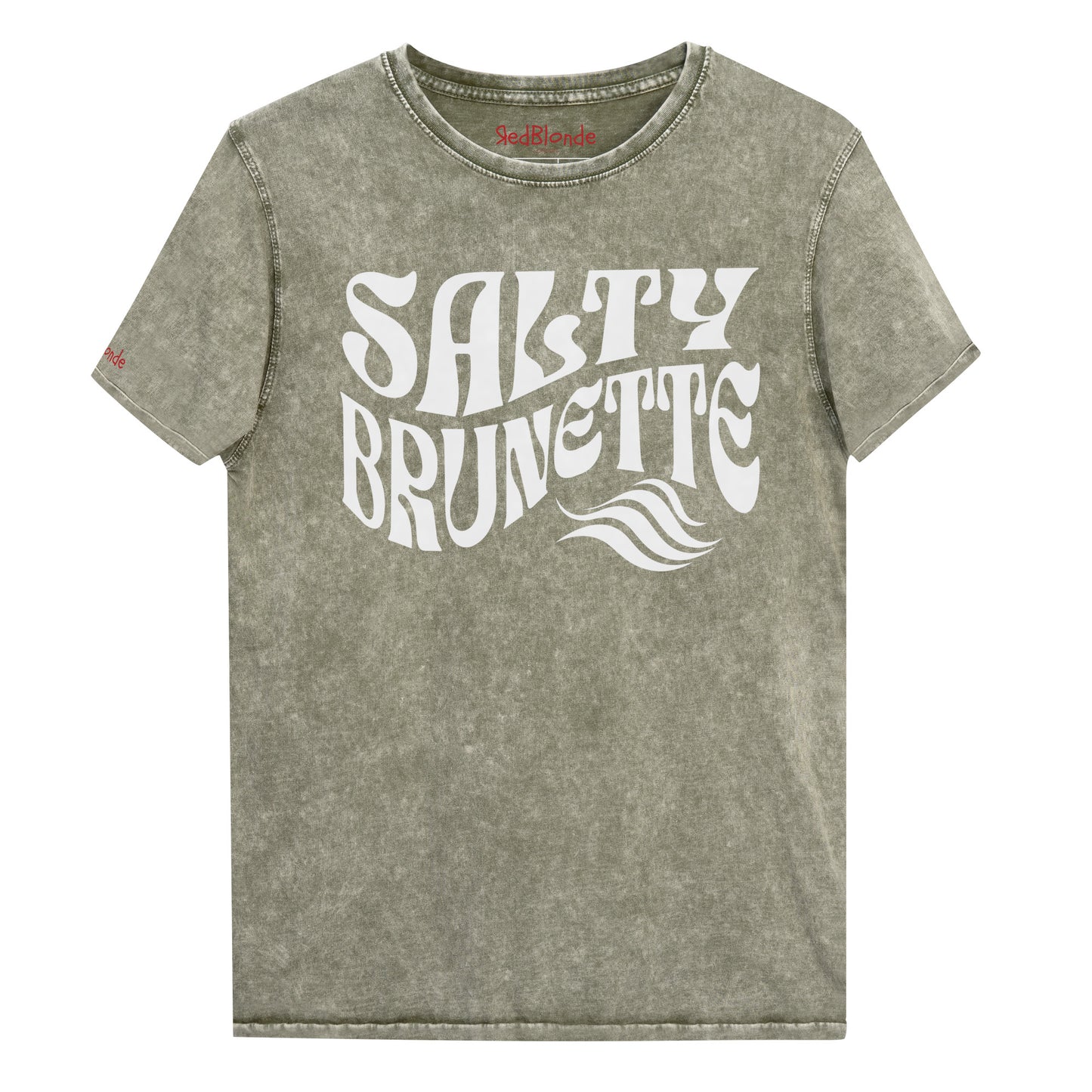 flatlay of soft army green denim wash vintage graphic t-shirt with the slogan 'Salty Brunette' in white retro 70s font. Branded RedBlonde in inside neck and right sleeve
