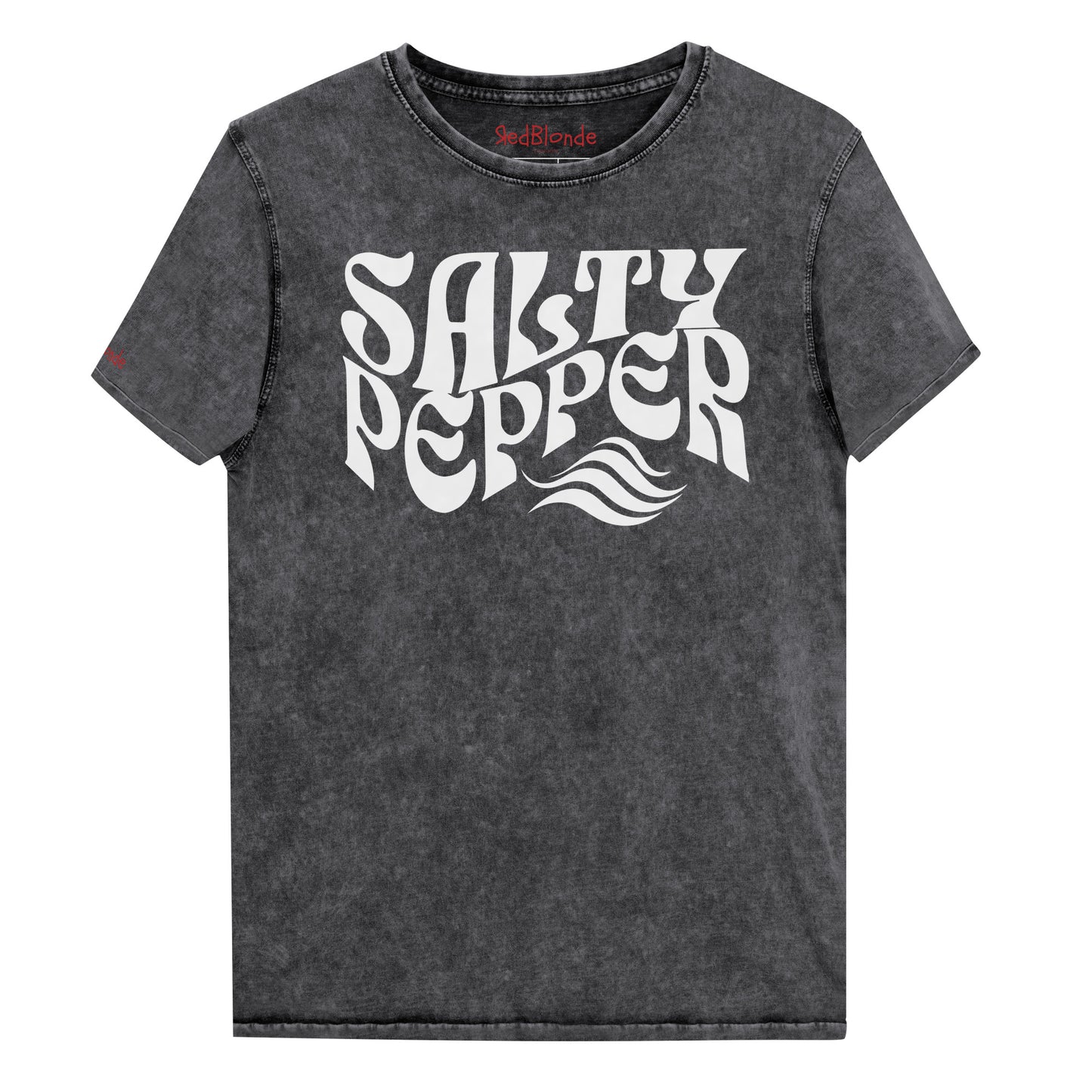 flatlay of soft black denim wash vintage graphic t-shirt with the slogan 'Salty Pepper' in white retro 70s wavy font. Branded RedBlonde in red on inside neck and right sleeve