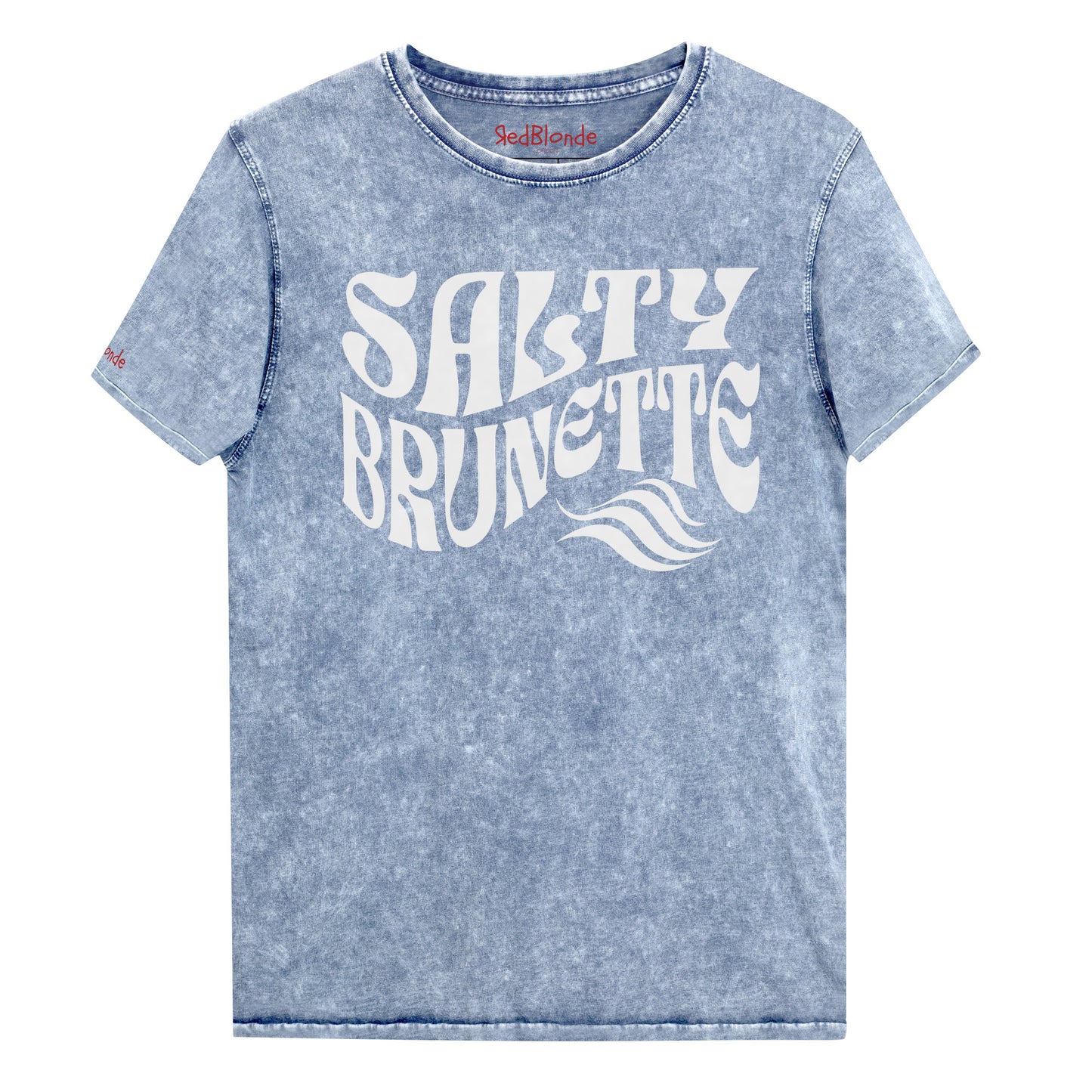 flatlay of soft blue denim wash vintage graphic t-shirt with the slogan 'Salty Brunette' in white retro 70s font. Branded RedBlonde in inside neck and right sleeve