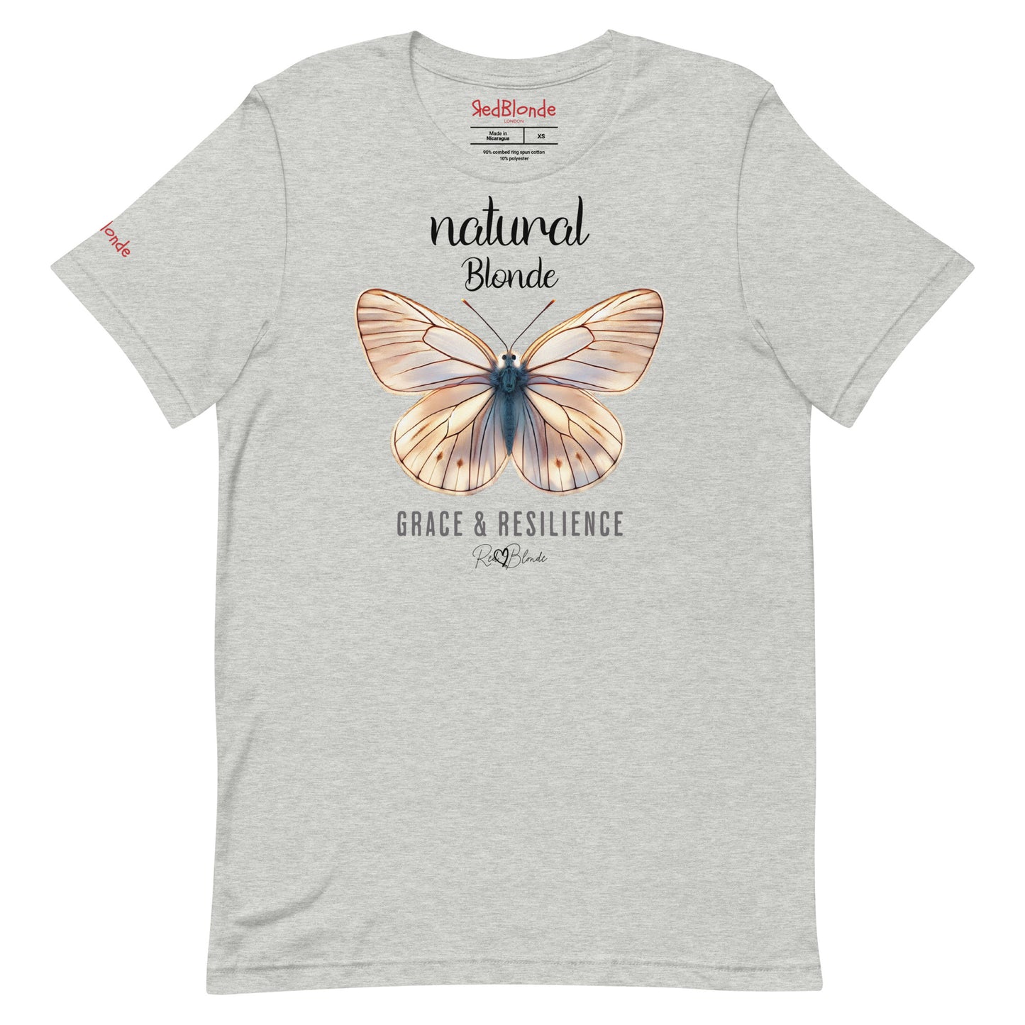 flatlay of a athletic grey unisex relaxed fit t-shirt with the words natural blonde in arionna font above a graphic of a blonde butterfly with 'GRACE & RESILIENCE' below in adventurer 06 font signed off by RedBlonde. Branded RedBlonde London in red on inside neck and right sleeve