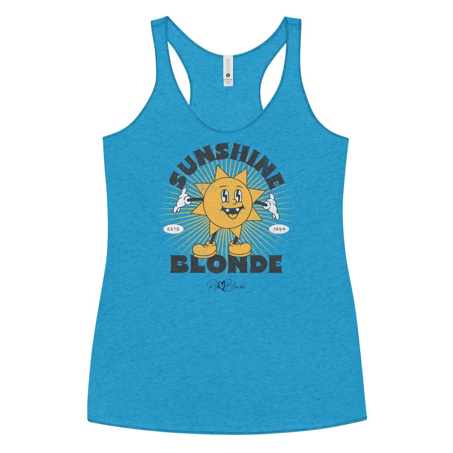 turquoise blue women’s racerback tank with a retro cartoon-style yellow sun character, smiling with open arms, surrounded by radiant sunbeams. The text reads ‘Sunshine Blonde’ in bold vintage Belzebuth lettering, with small details including ‘ESTD 1994’ and the RedBlonde signature logo beneath."