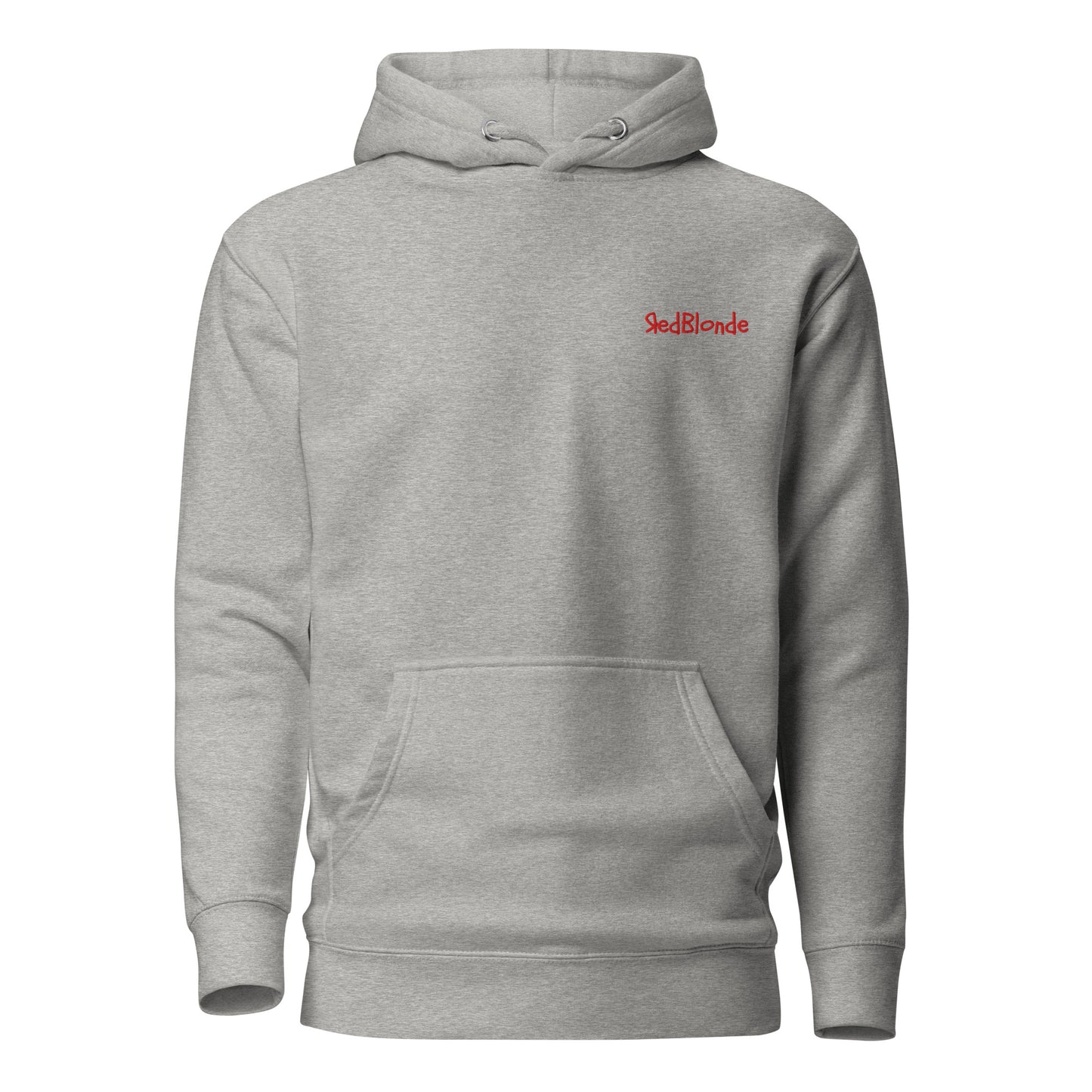 Front view of grey 3 panel unisex classic hoodie with RedBlonde embroidered branding on top right breast area