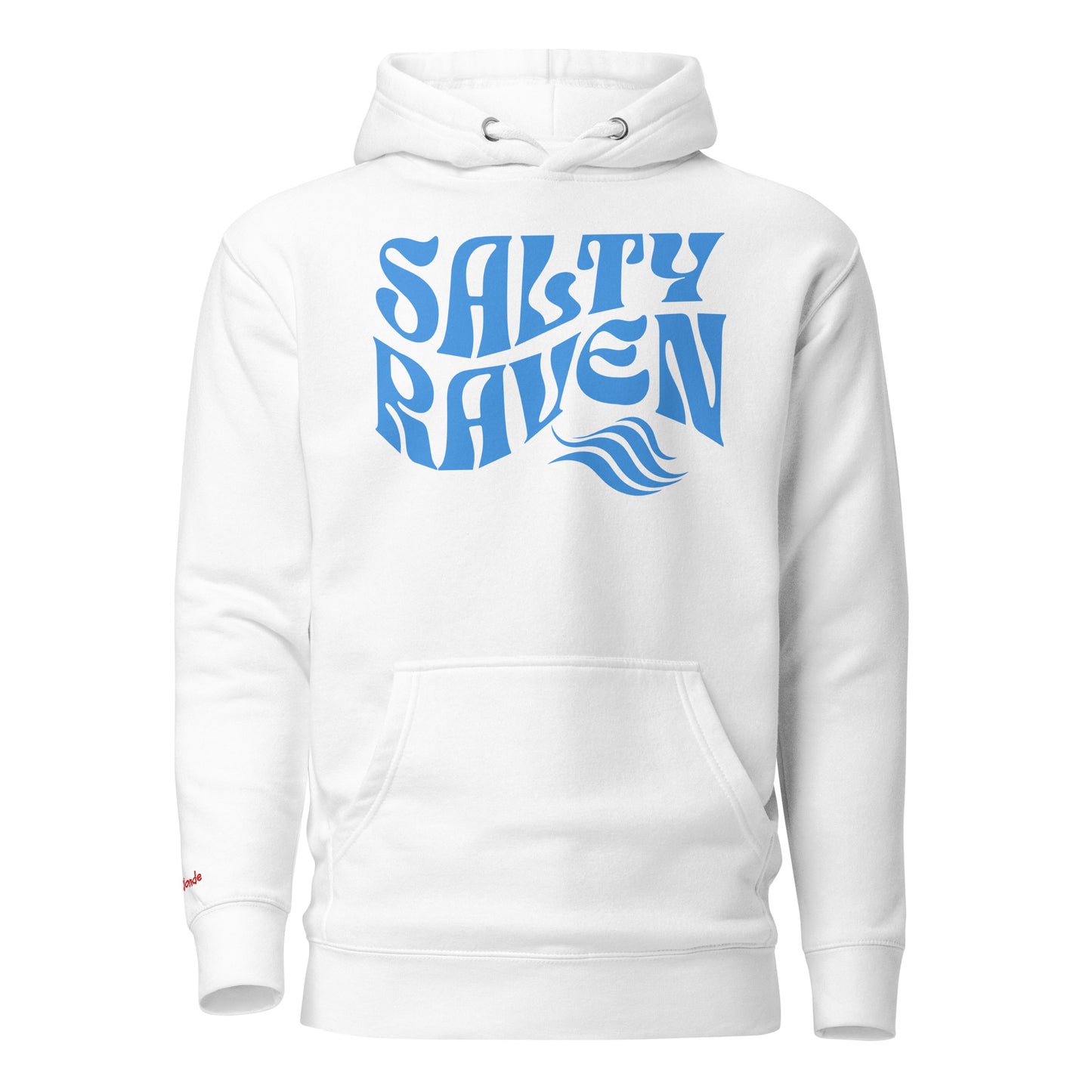 flatlay of a white unisex relaxed fit hoodie with the slogan 'Salty Raven' in blue retro 70s wavy font. Branded RedBlonde in red on inside neck and right sleeve. Branded RedBlonde London in red on inside neck and right cuff