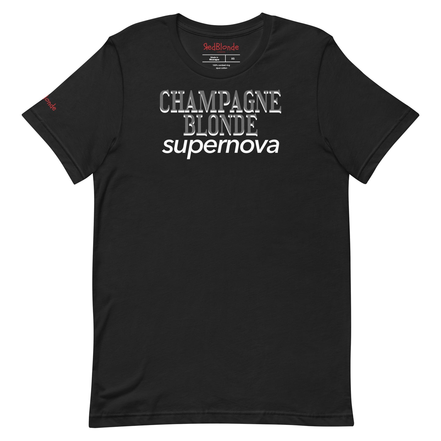 flatlay of black unisex t-shirt with the words 'CHAMPAGNE BLONDE' in light grey Girasoll font with 'supernova' underneath in white. Branded RedBlonde in Red on inside neck and right sleeve