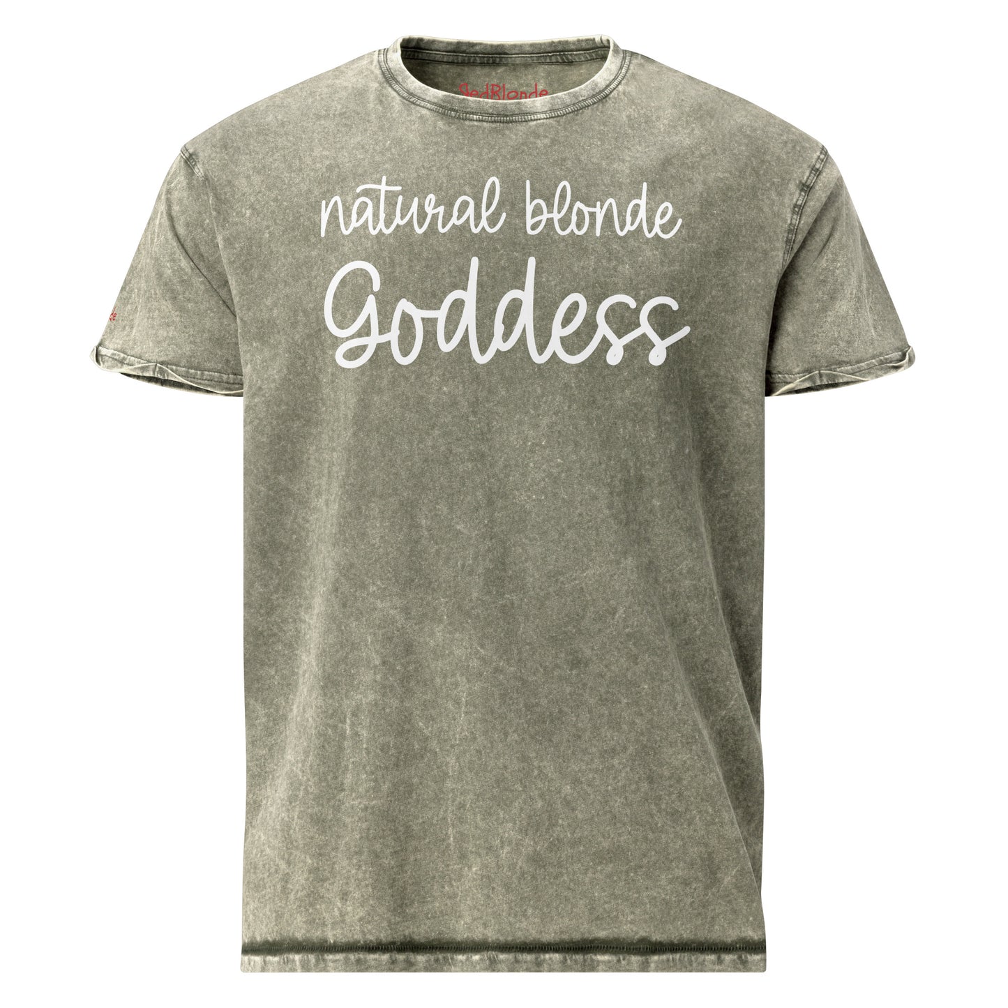Flatlay of a unisex Army Green Vintage denim wash graphic tee with “Natural Blonde Goddess” in handwritten text in white. Branded redblond on right shoulder in red