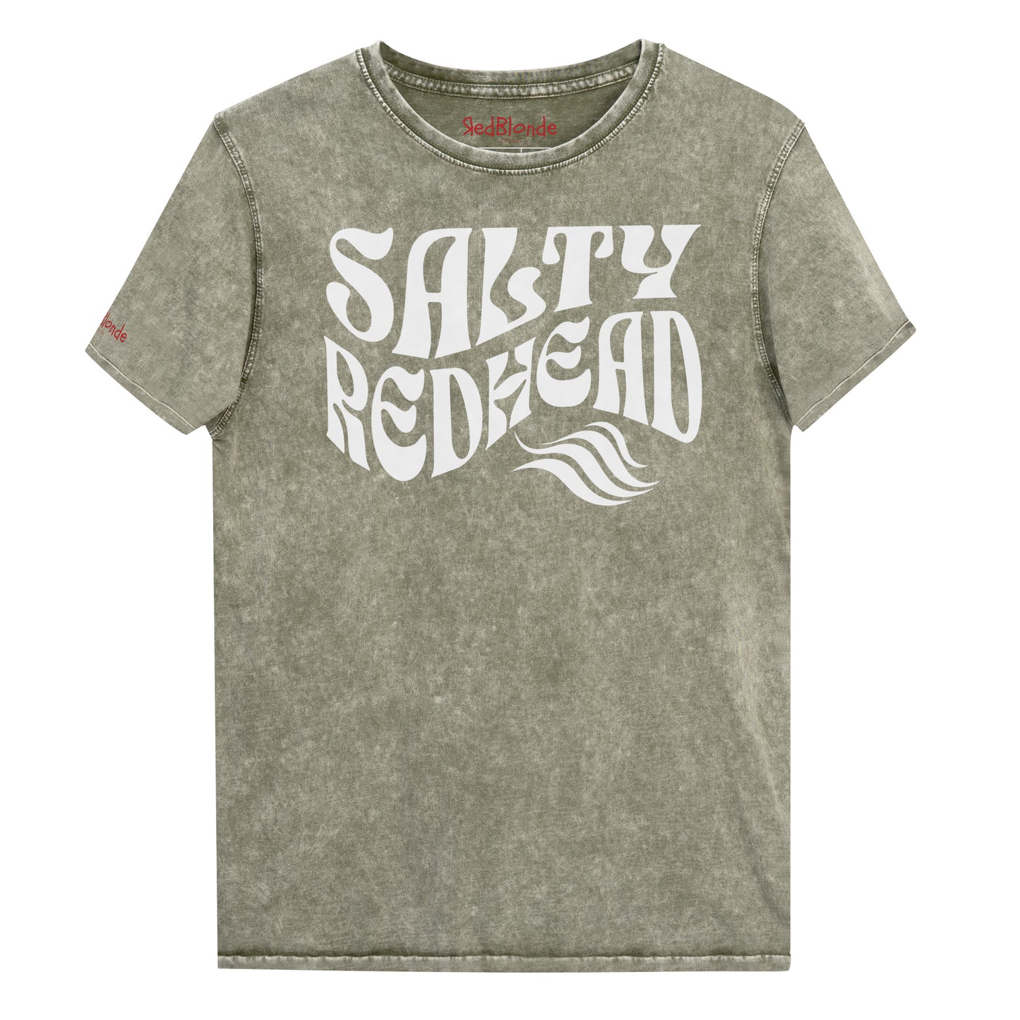 flatlay of a unisex army green relaxed fit denim-wash t-shirt with the words 'Salty redhead' in retro 70s vibe text in white. Branded Redblonde on inside neck and right shoulder in red