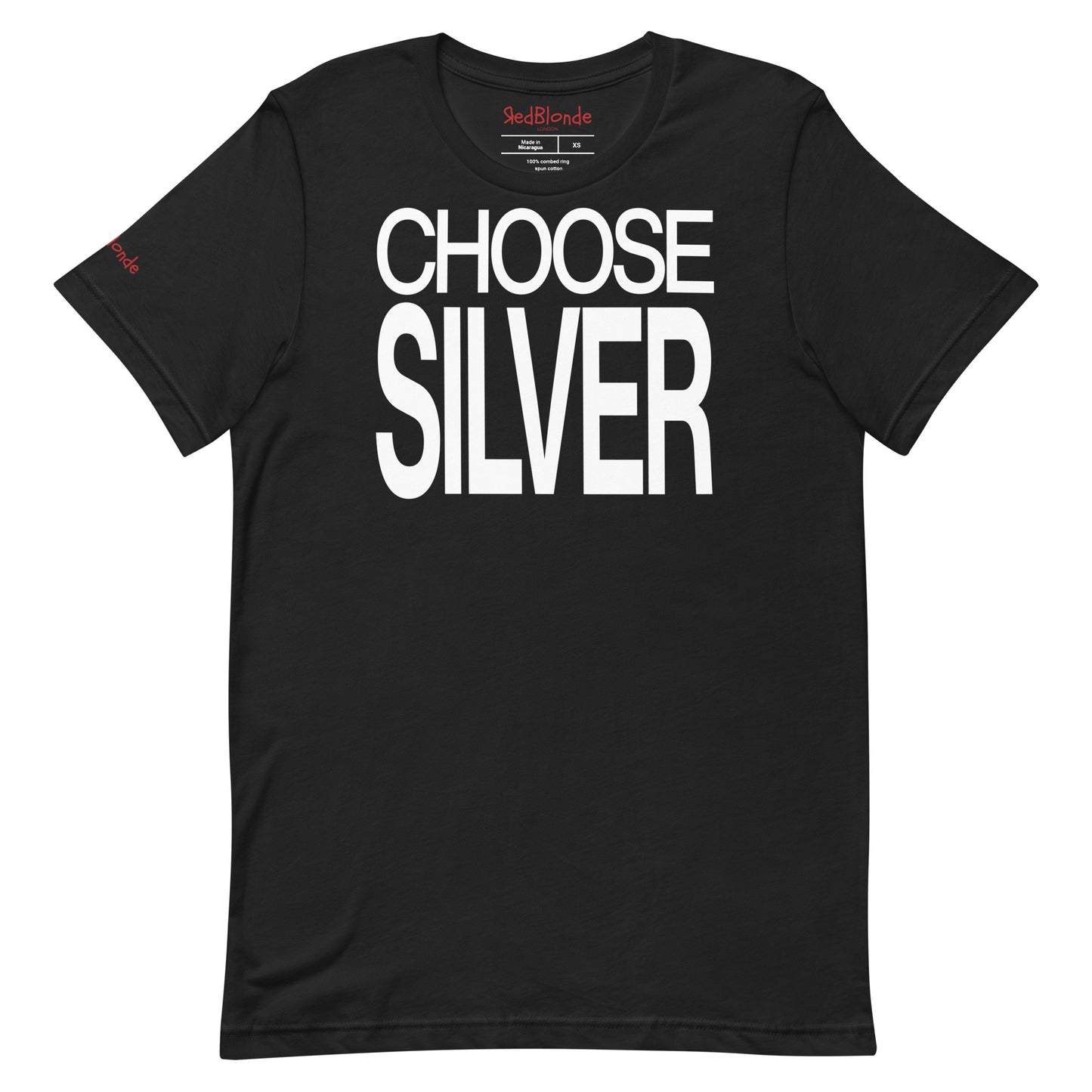 Flatlay of a unisex black heather relaxed fit graphic t-shirt with “Choose Silver” in white Helvetica Now font emblazoned on the front. Branded RedBlonde on the inside neck and right shoulder