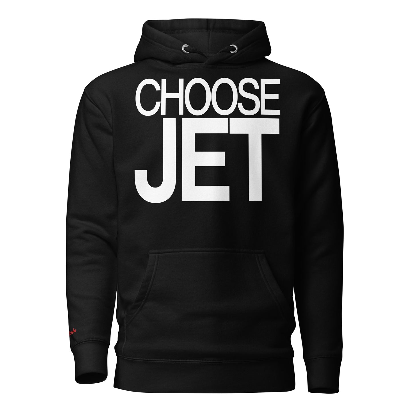 Flatlay of a 80s inspired unisex black relaxed fit graphic classic hoodie with “Choose Jet” in white emblazoned on the front. Branded RedBlonde on the inside neck and right shoulder in red