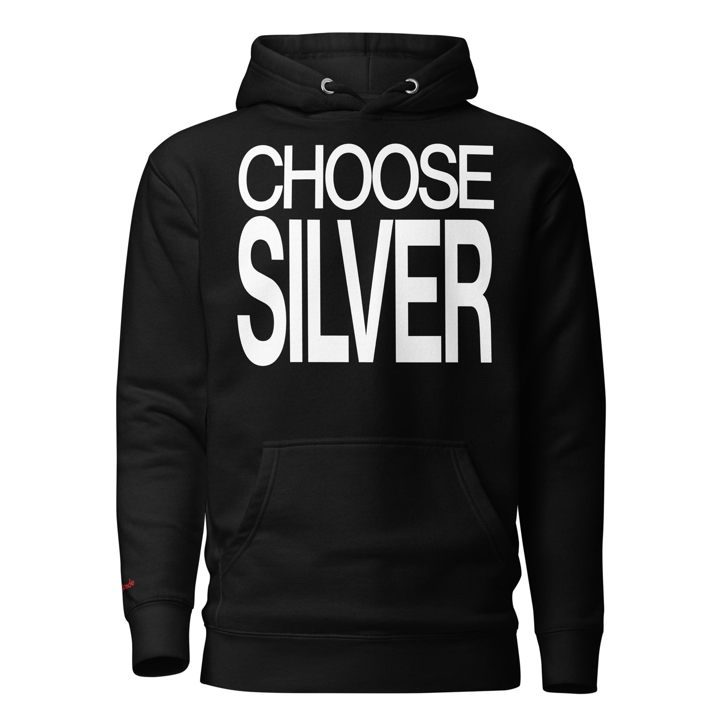 Flatlay of a 80s inspired unisex black relaxed fit graphic classic hoodie with “Choose Silver” in white emblazoned on the front. Branded RedBlonde on the inside neck and right shoulder in red