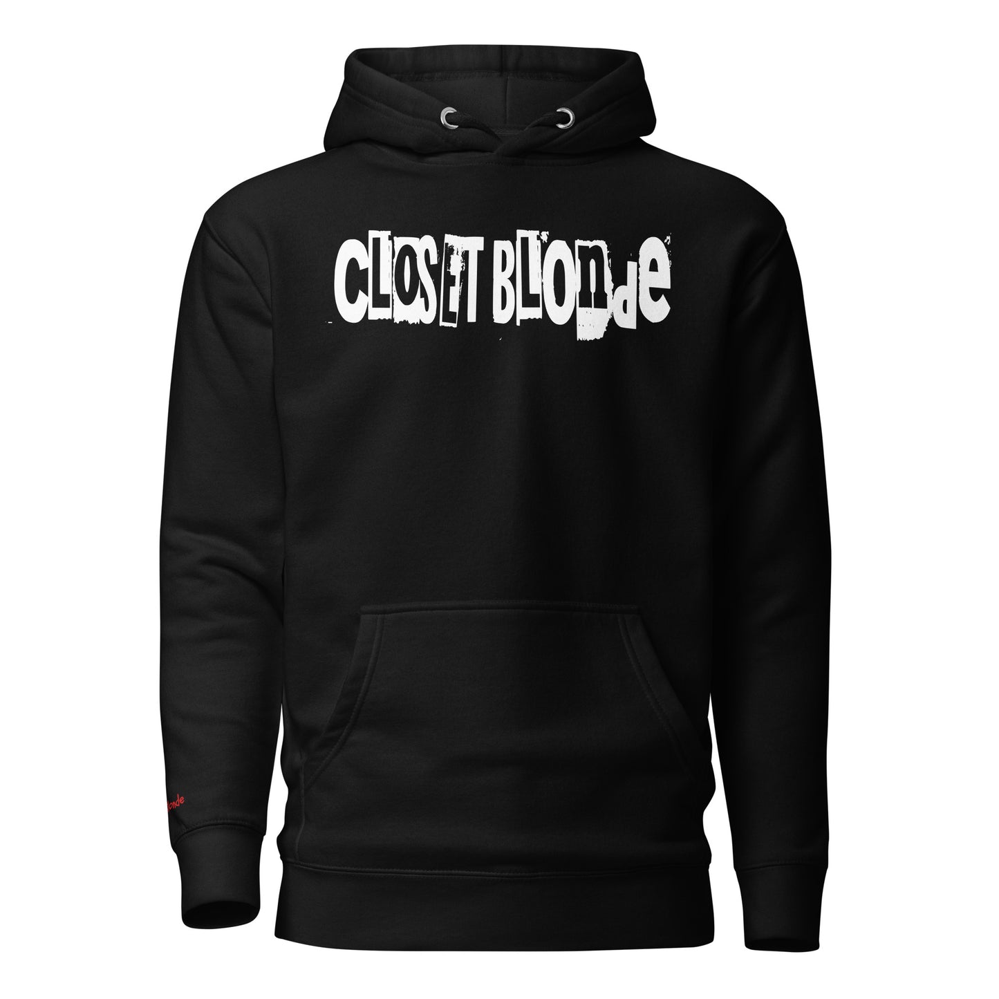 Flatlay of a unisex black relaxed fit graphic classic hoodie with “Closet Blonde” in irregular black and white printing block style caps and lowercase lettering. Branded RedBlonde on the inside neck and right shoulder in red