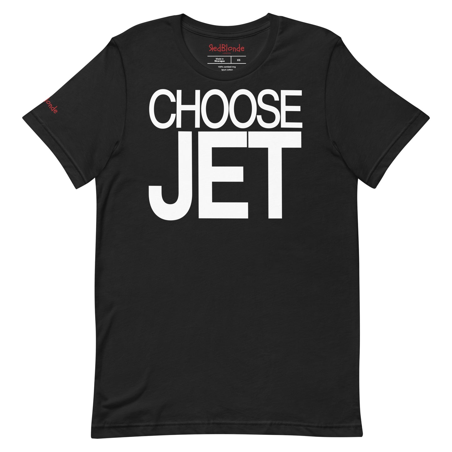 Flatlay of a unisex black relaxed fit graphic t-shirt with “Choose Jet” in white Helvetica Now font emblazoned on the front. Branded RedBlonde on the inside neck and right shoulder