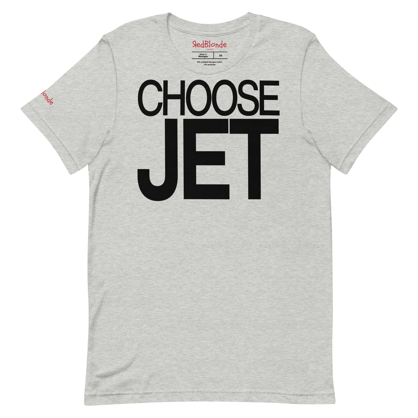 Flatlay of a unisex grey relaxed fit graphic t-shirt with “Choose Jet” in black helvetica now font emblazoned on the front. Branded RedBlonde on the inside neck and right shoulder