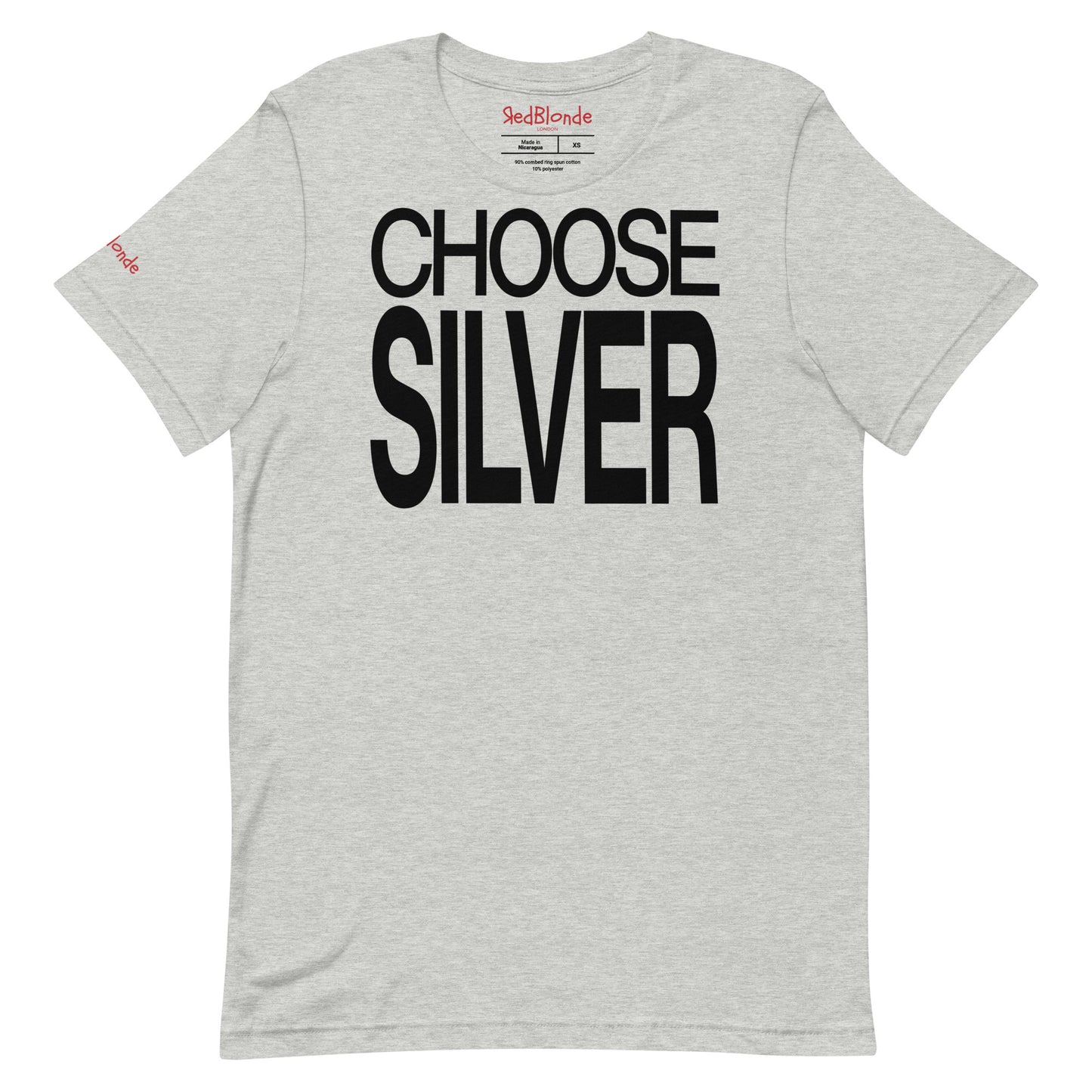 Flatlay of a unisex grey relaxed fit graphic t-shirt with “Choose Silver” in black Helvetica Now font emblazoned on the front. Branded RedBlonde on the inside neck and right sleeve