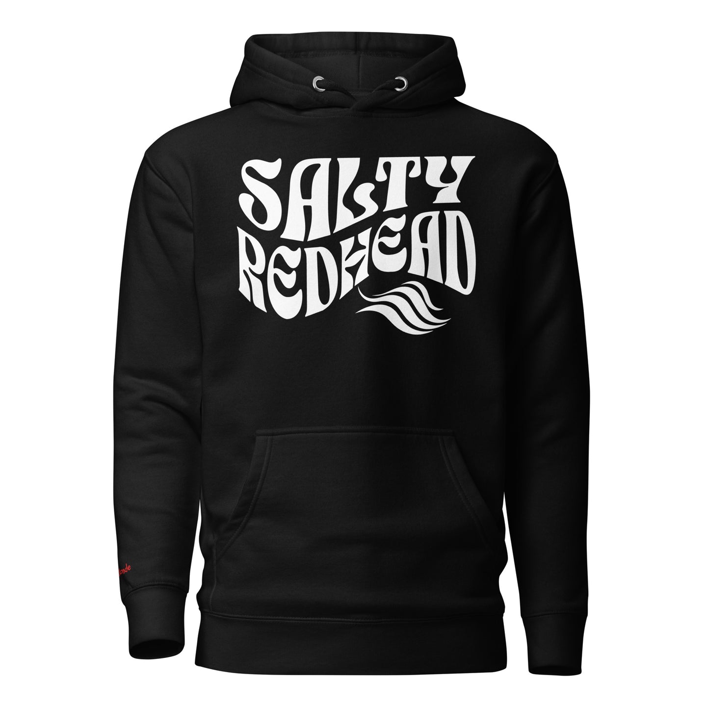 Classic relaxed fit unisex hoodie in black with 'Salty Redhead' play on words slogan in white retro 70s wavy text. Branded RedBlonde on inside neck and right cuff