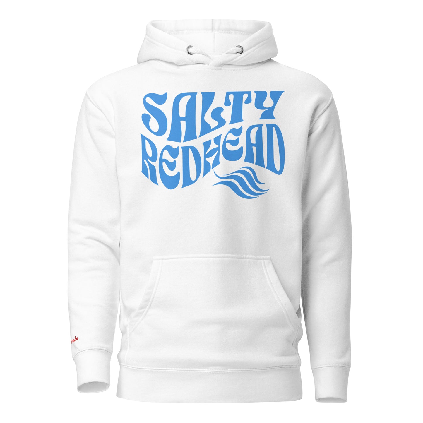 Classic relaxed fit unisex hoodie in white 'Salty Redhead' play on words slogan in blue retro 70s wavy text. Branded RedBlonde in red in inside neck and right cuff