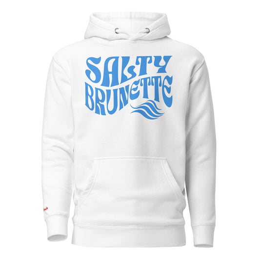 Classic relaxed fit unisex hoodie in white with 'Salty Brunette' play on words slogan in blue retro 70s wavy text. branded RedBlonde in red on inside neck and right cuff