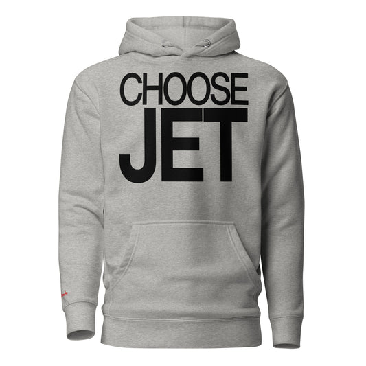 Flatlay of a 80s inspired unisex light gray relaxed fit graphic classic hoodie with “Choose Jet” in black emblazoned on the front. Branded RedBlonde on the inside neck and right shoulder in red