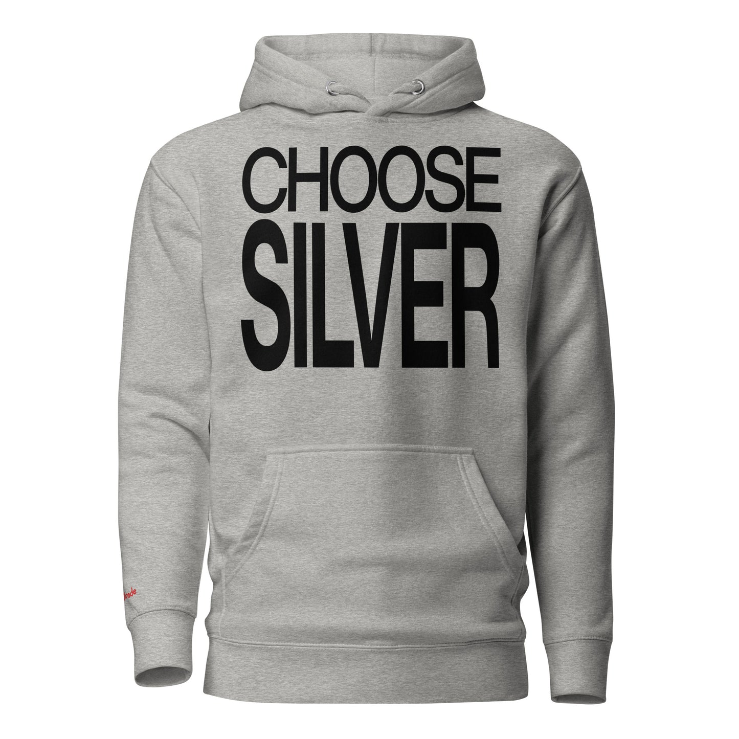 Flatlay of a 80s inspired unisex light gray relaxed fit graphic classic hoodie with “Choose Silver” in black emblazoned on the front. Branded RedBlonde on the inside neck and right shoulder in red