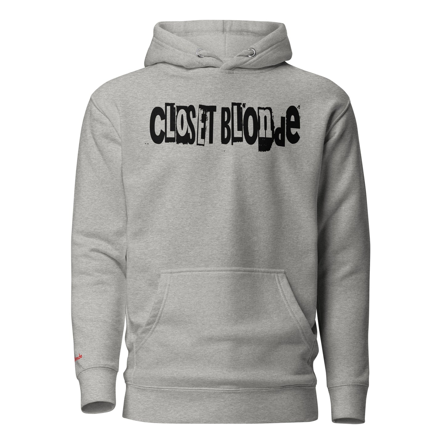 Flatlay of a 80s inspired unisex light gray relaxed fit graphic classic hoodie with “Closet Blonde” in irregular black and white printing block style caps and lowercase lettering. Branded RedBlonde on the inside neck and right shoulder in red