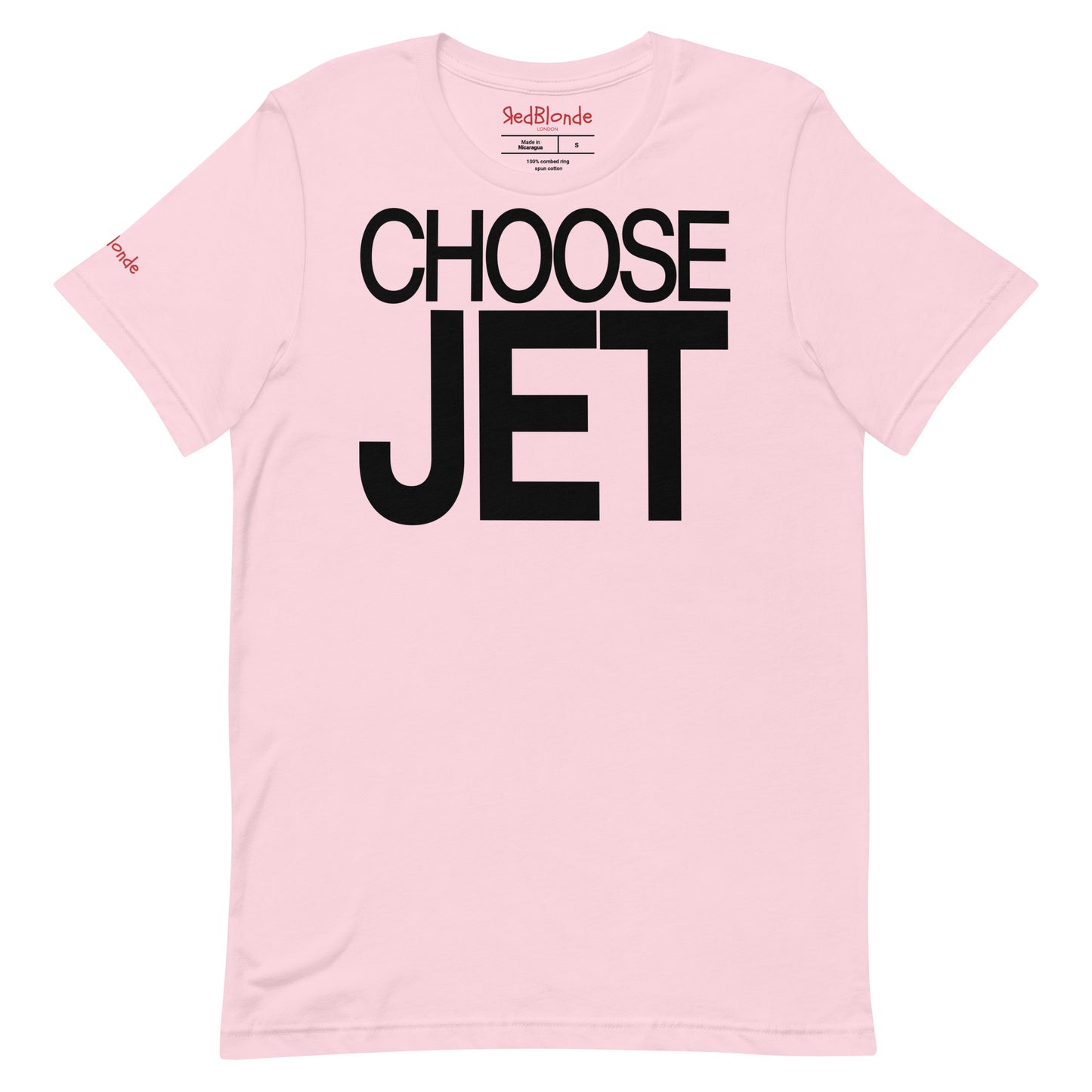 Flatlay of a unisex pale pink relaxed fit graphic t-shirt with “Choose Jet” in black helvetica now font emblazoned on the front. Branded RedBlonde on the inside neck and right shoulder