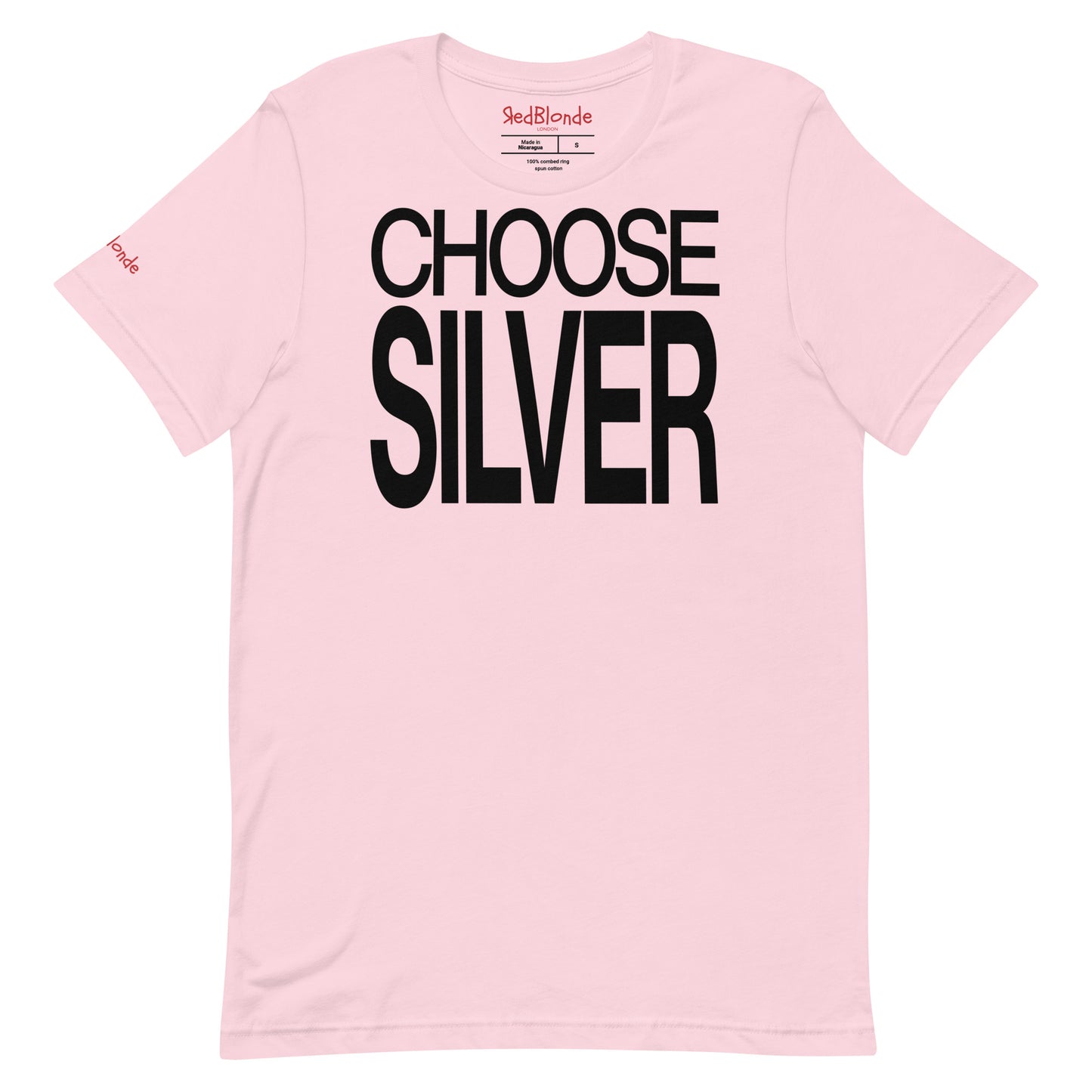 Flatlay of a unisex pale pink relaxed fit graphic t-shirt with “Choose Silver” in black Helvetica Now font emblazoned on the front. Branded RedBlonde on the inside neck and right sleeve