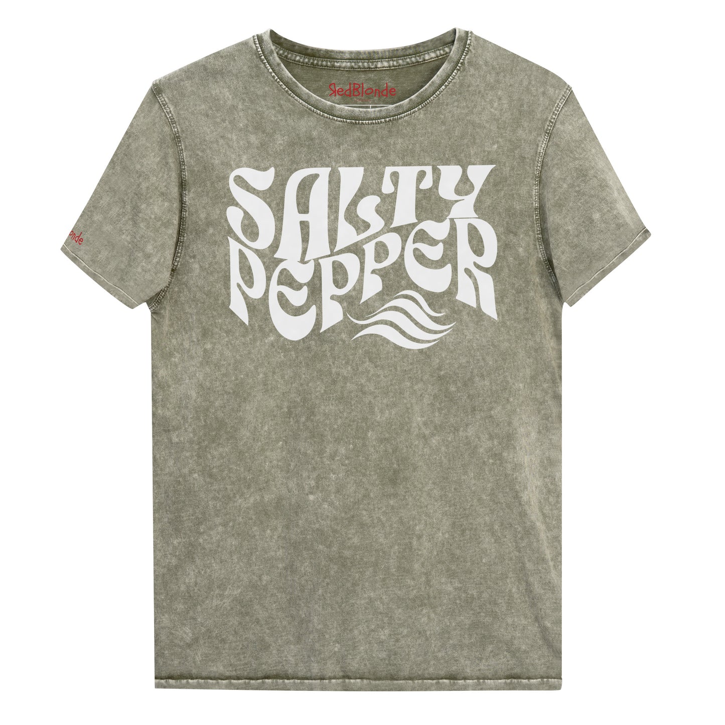 flatlay of unisex relaxed fit soft army green denim wash vintage graphic t-shirt with the slogan 'Salty Pepper' in white retro 70s wavy font. Branded RedBlonde in red on inside neck and right sleeve