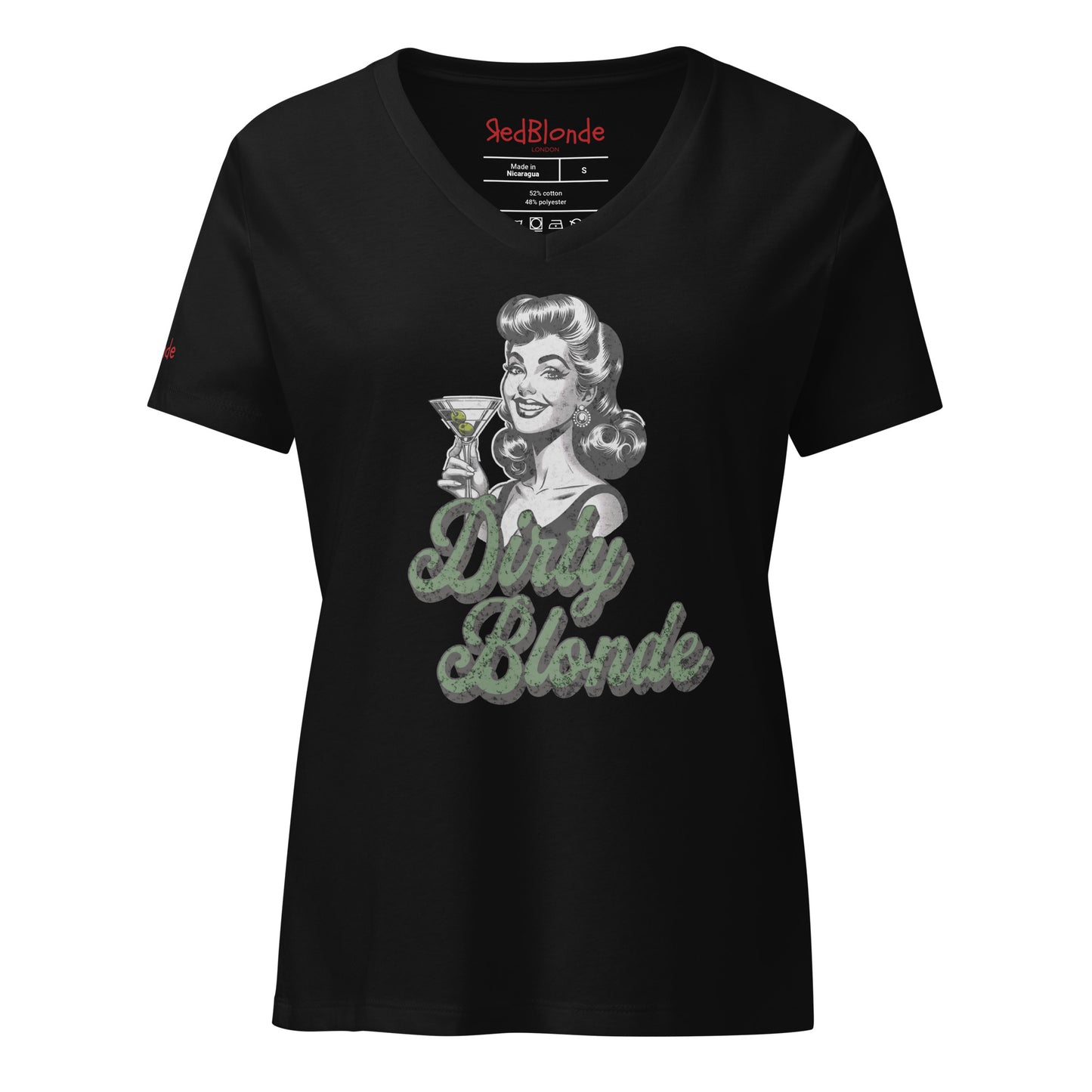 Flatlay of a unisex relaxed fit v-neck black t-shirt with a graphic of the head and shoulders of a 50s style woman in black and white holding a martini glass with green olives with the slogan 'Dirty Blonde' in distressed adventure 01 handwritten font. Branded RedBlonde on inside neck and right shoulder in red