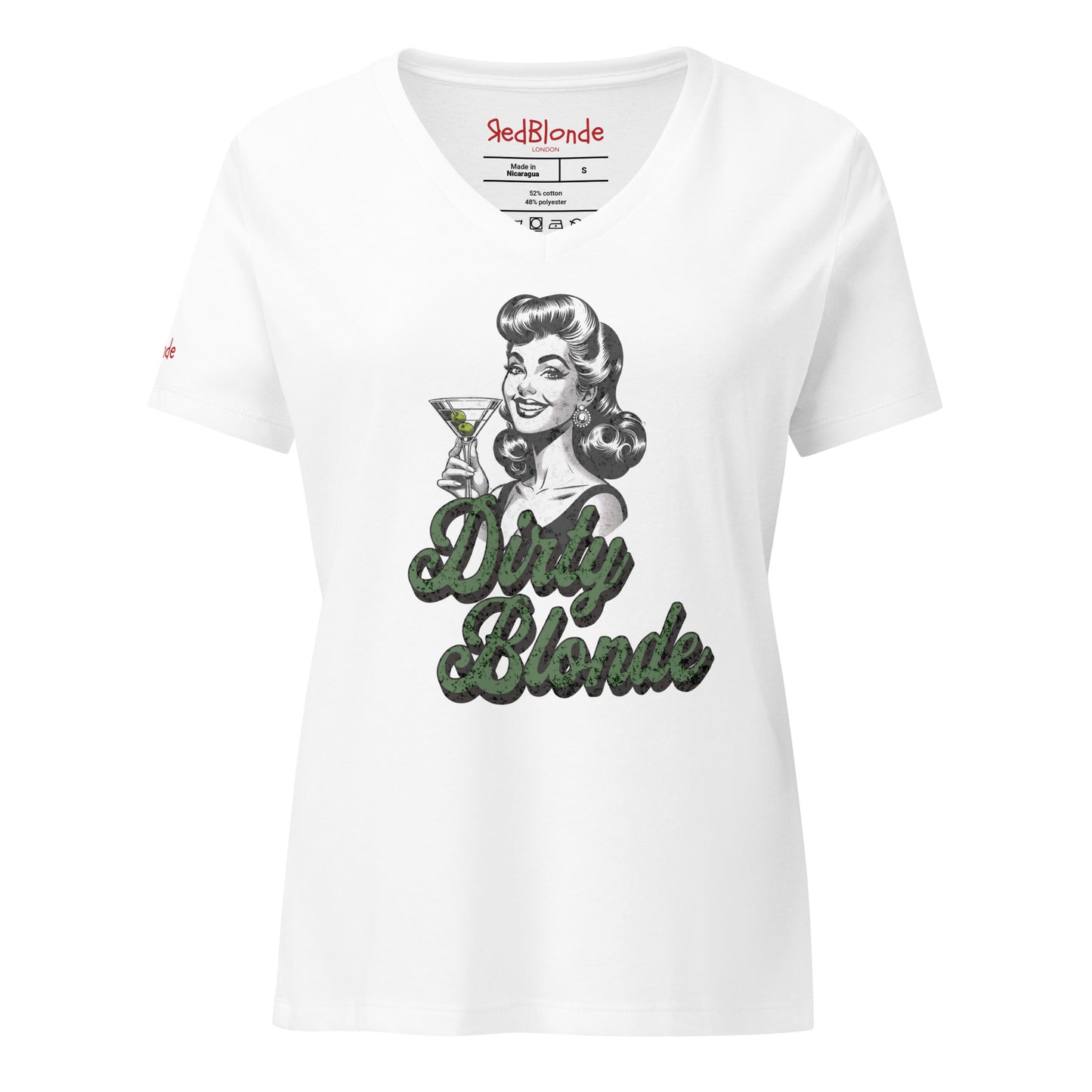 Flatlay of a unisex relaxed fit v-neck white t-shirt with a graphic of the head and shoulders of a 50s style woman in black and white holding a martini glass with green olives with the slogan 'Dirty Blonde' in distressed adventure 01 handwritten font. Branded RedBlonde on inside neck and right shoulder in red