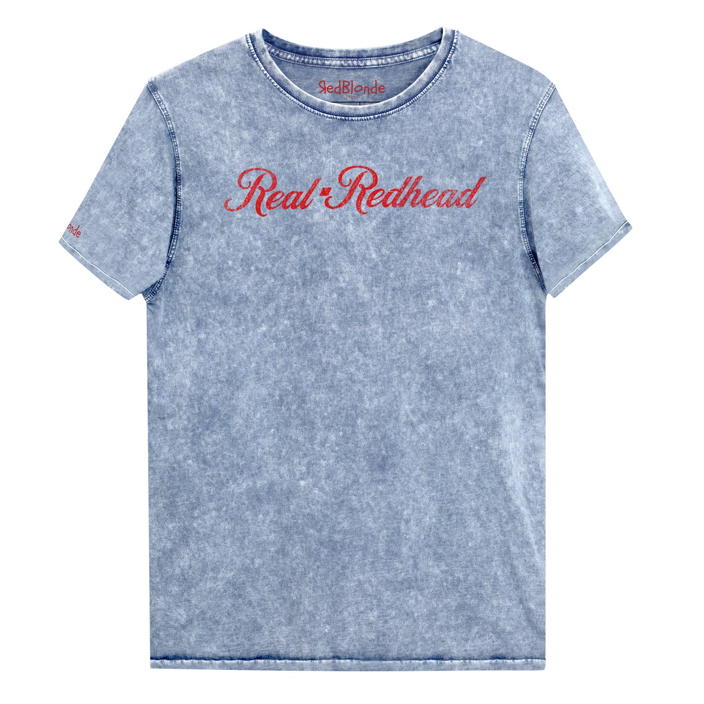 Flatlay of unisex relaxed fit vintage blue denim wash slogan t-shirt with 'Real Redhead' in milkshake script red font. Branded RedBlonde in red on inside neck and right sleeve