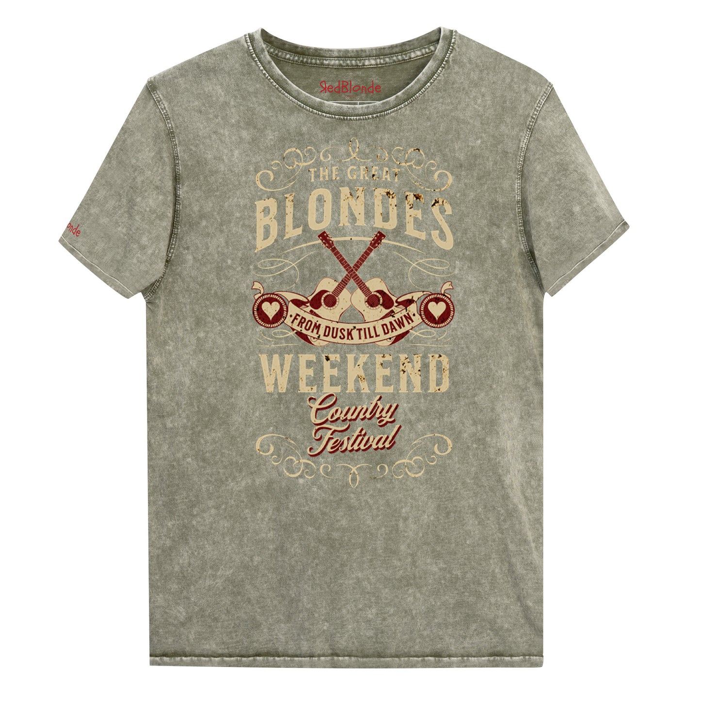 A unisex t-shirt in army green denim wash with a graphic featuring ‘THE GREAT BLONDES WEEKEND’ in Brookfield font and ‘Country Festival’ in Milkstore font around two guitars and a banner saying ‘From Dust Till Dawn’. Branded RedBlonde London on inside neck and right sleeve