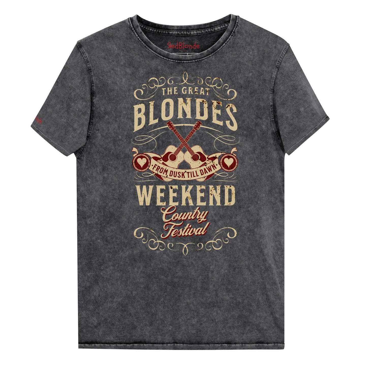 A unisex t-shirt in black denim wash with a graphic featuring ‘THE GREAT BLONDES WEEKEND’ in Brookfield font and ‘Country Festival’ in Milkstore font around two guitars and a banner saying ‘From Dust Till Dawn’. Branded RedBlonde London on inside neck and right sleeve