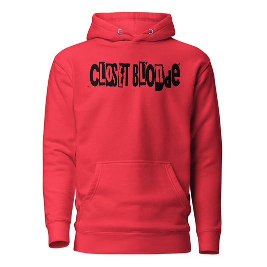 Flatlay of a 80s inspired unisex team red relaxed fit graphic classic hoodie with “Closet Blonde” in irregular black and white printing block style caps and lowercase lettering. Branded RedBlonde on the inside neck and right shoulder in red