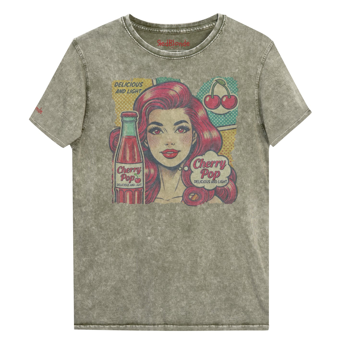 flatlay of unisex vintage army green denim wash t-shirt with a pop-art graphic of a redheaded woman with a bottle of cherry pop, cherry graphic and the words 'Cherry Pop, delicious and light' in talk bubble. Branded RedBlonde on inside neck and right sleeve in red