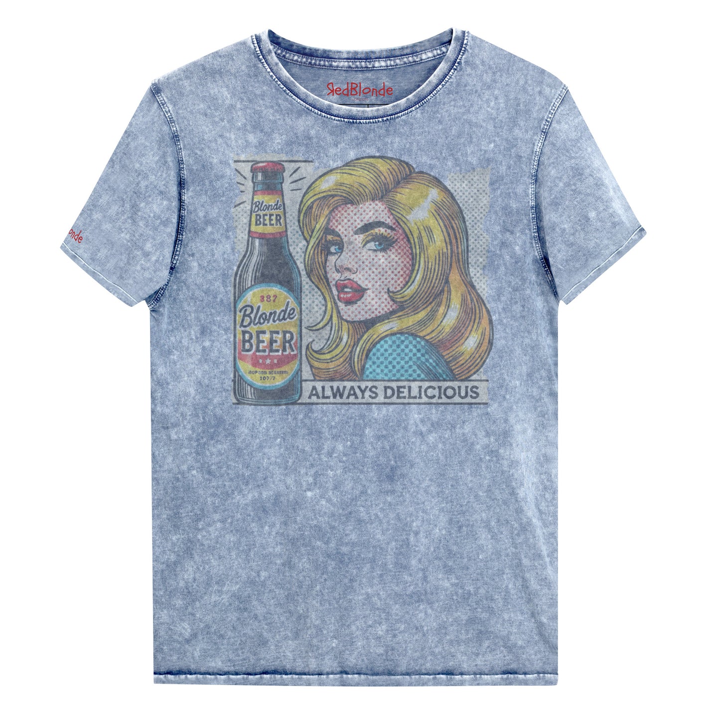 Flatlay of a unisex vintage blue denim wash t-shirt featuring a pop-art graphic of the head and shoulders of a Blonde woman next to a bottle of Beer, labelled Blonde Beer, Always Delicious. branded RedBlonde in red on inside neck and right sleeve