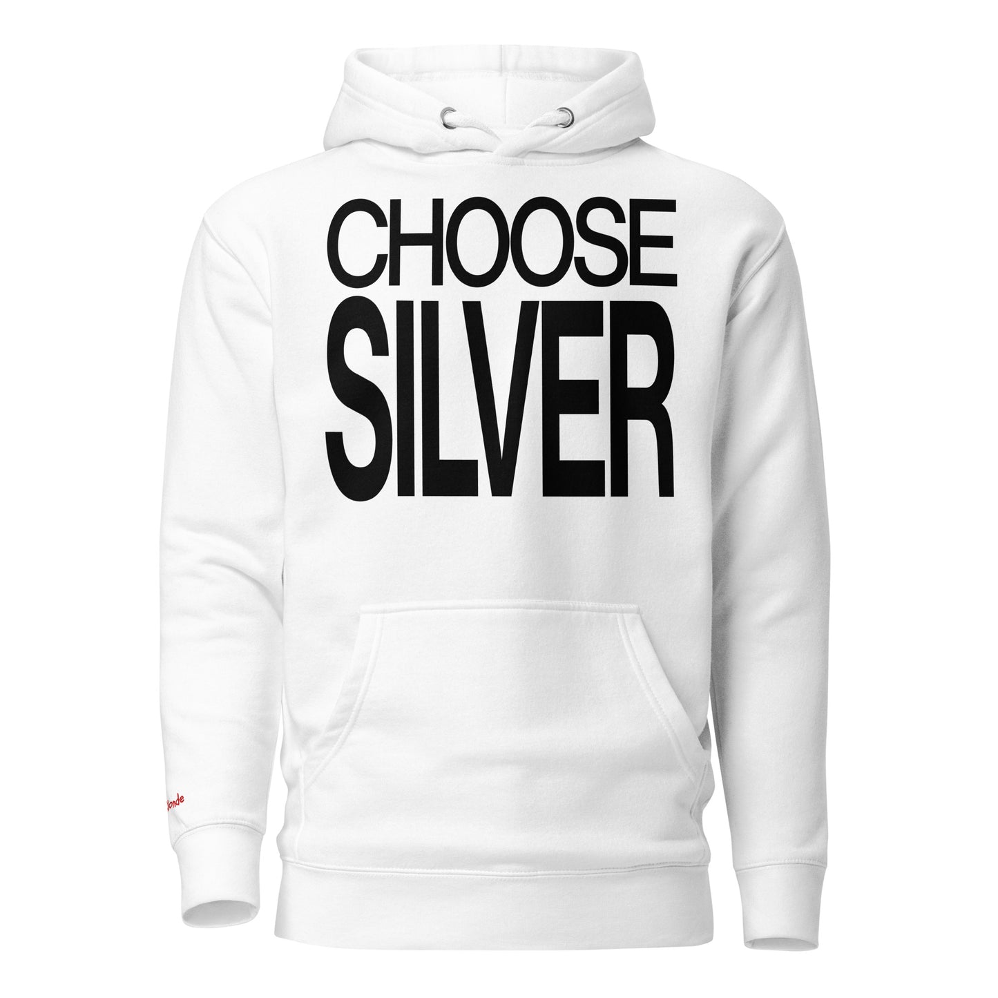 Flatlay of a 80s inspired unisex white relaxed fit graphic classic hoodie with “Choose Silver” in black emblazoned on the front. Branded RedBlonde on the inside neck and right shoulder in red