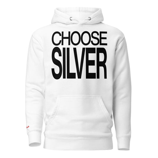 Flatlay of a 80s inspired unisex white relaxed fit graphic classic hoodie with “Choose Silver” in black emblazoned on the front. Branded RedBlonde on the inside neck and right shoulder in red