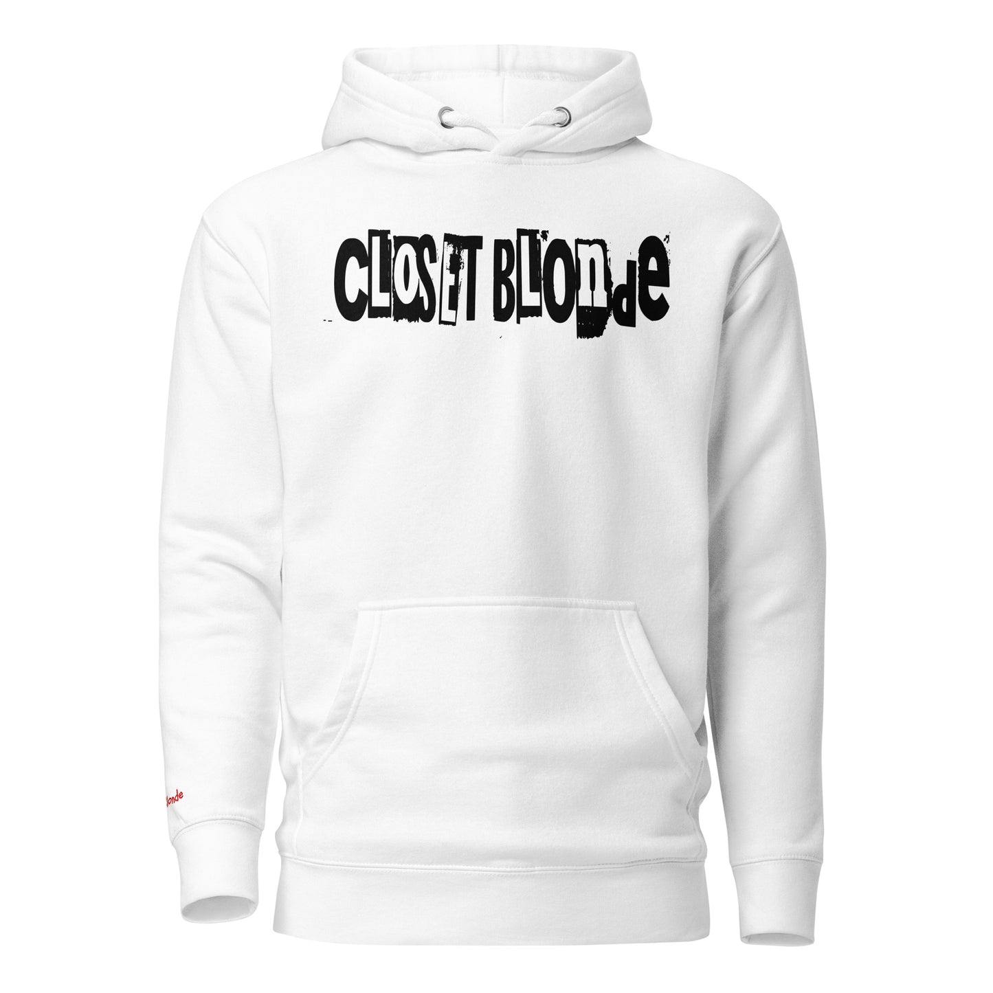 Flatlay of a 80s inspired unisex white relaxed fit graphic classic hoodie with “Closet Blonde” in irregular black and white printing block style caps and lowercase lettering. Branded RedBlonde on the inside neck and right shoulder in red