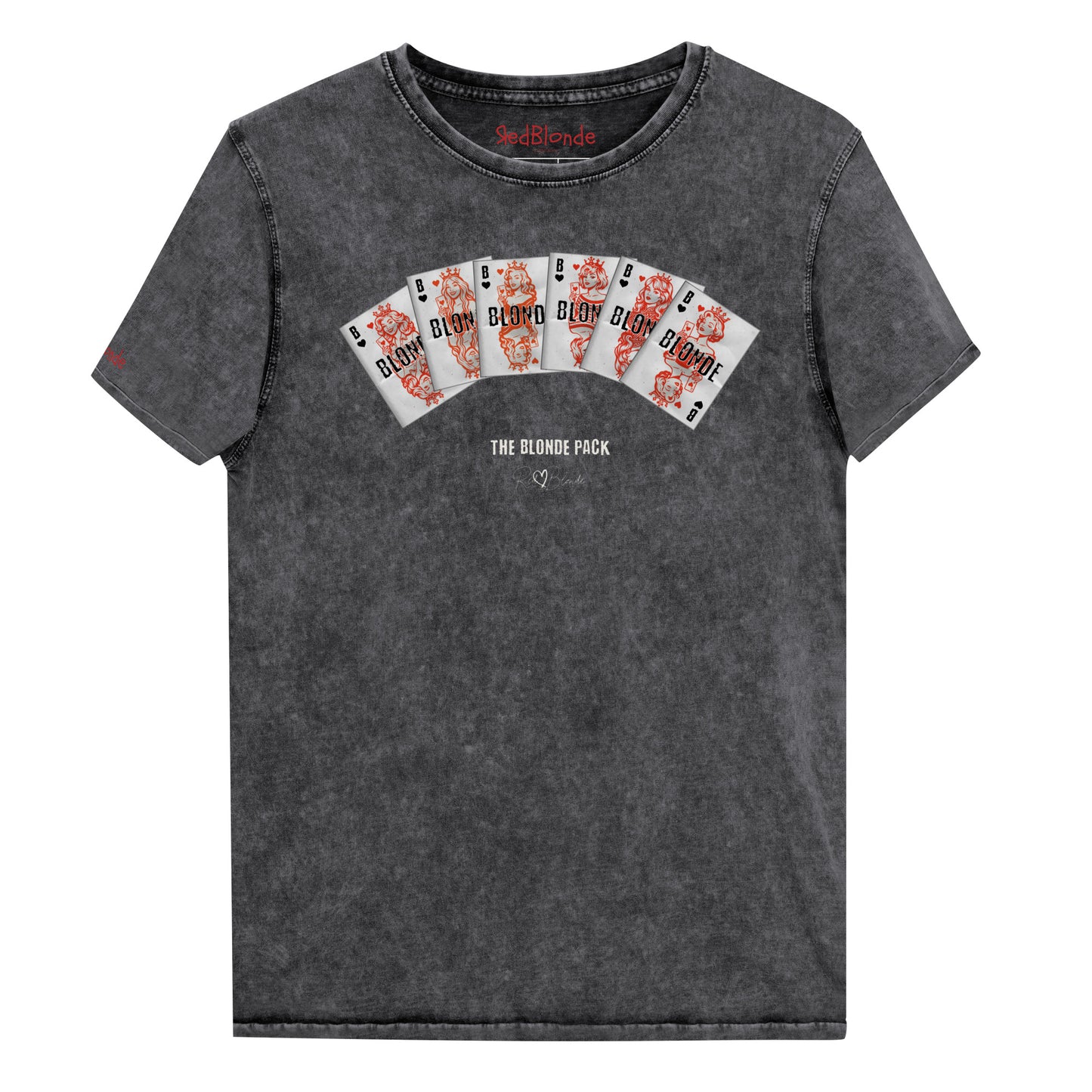 Unisex black acid denim wash tshirt featuring a bold graphic of Queen playing cards spread across the chest, each card with a famous blonde. Below the cards, the text reads “THE BLONDE PACK” with the RedBlonde signature logo.