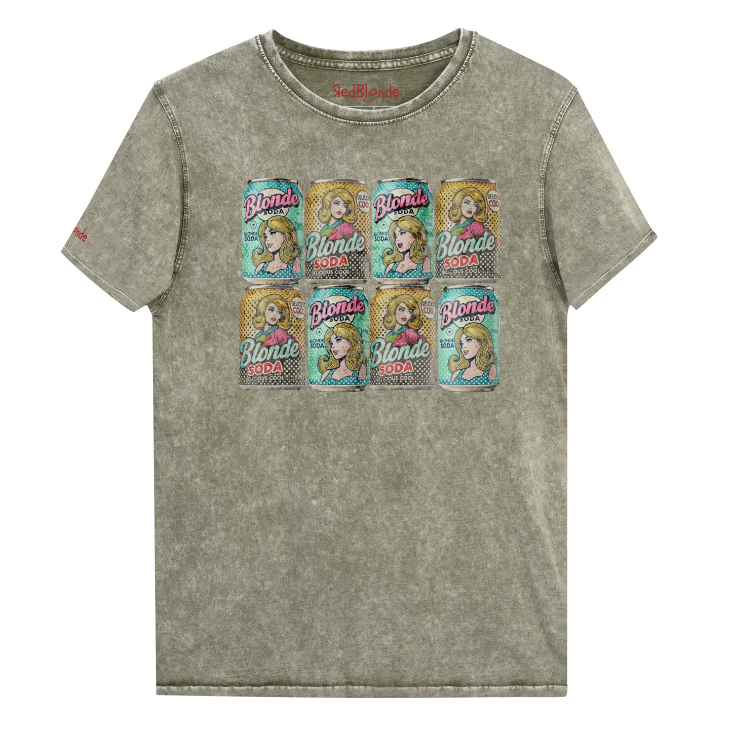 A flatlay relaxed vintage army green denim-wash t-shirt with an Andy Warhol inspired pop-art graphic of stacked 'Blonde Soda' cans. Branded RedBlonde London in red on the inside neck and right sleeve